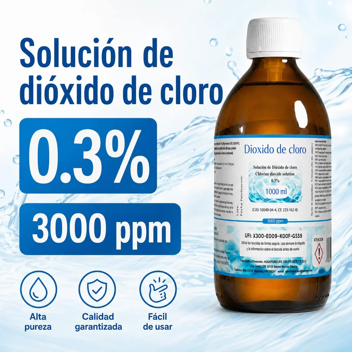 Dioxido de Cloro 3000ppm - CDS 0,3% - Envasado en Botella Cristal Ambar - Fabricado en España (1000ml)