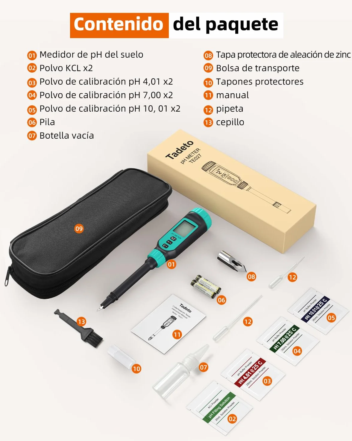 Tadeto Medidor de pH del Suelo, medidor del valor de pH para jardín, agua y alimentos con cabezal metálico protector y pantalla LCD