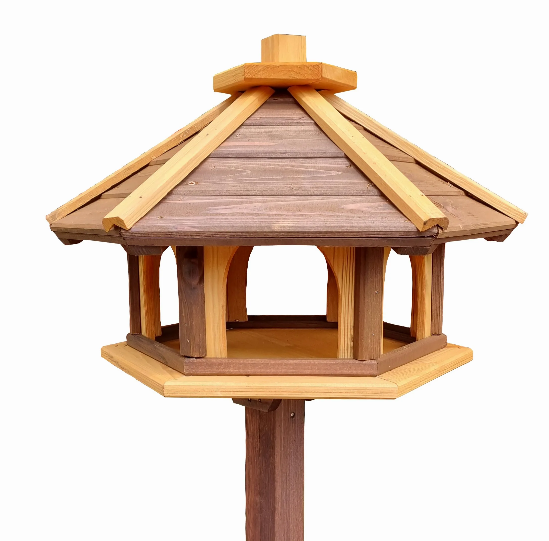 Pajarera con soporte de madera, resistente a la intemperie, comedero para pájaros, comedero para pájaros silvestres, comedero para pájaros para colocar en el jardín, balcón (marrón + amarillo)