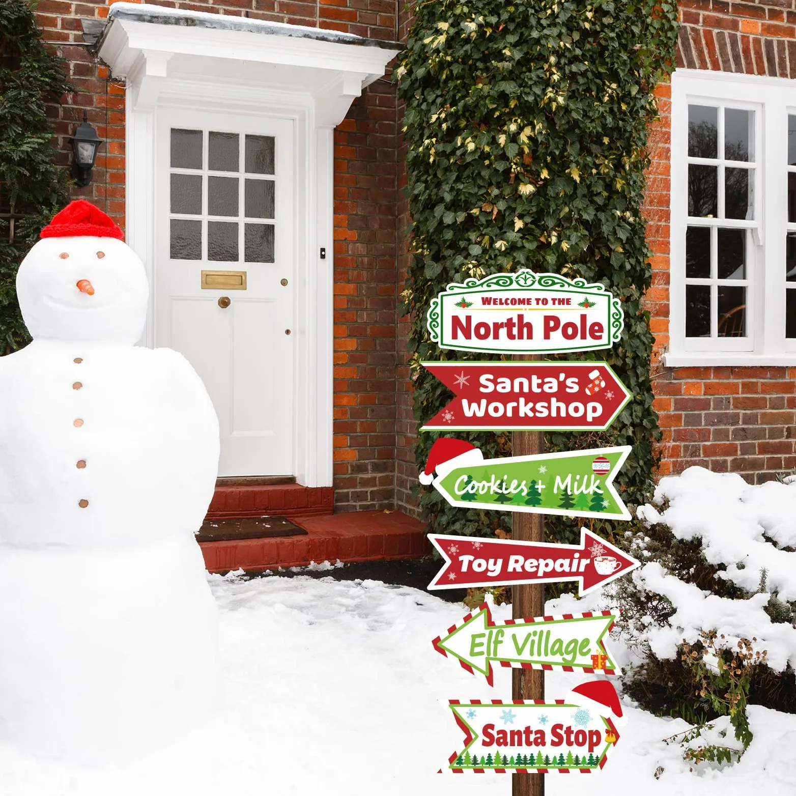 10 letreros de patio del Polo Norte, decoración al aire libre para Navidad, invierno, vacaciones, arte de Papá Noel, taller, patio, césped, letrero y «Let It Snow», con estacas para decoración del