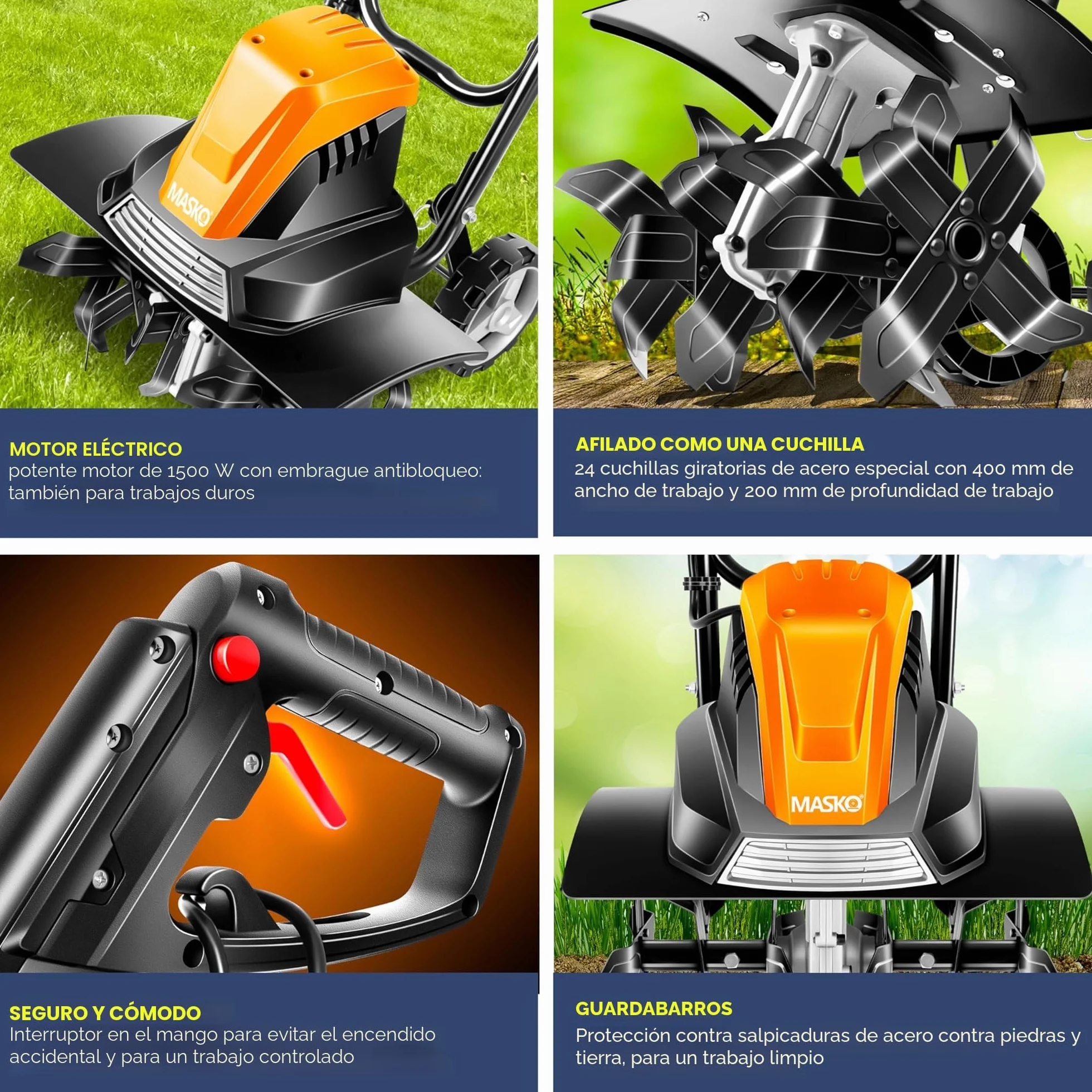 MASKO® Azada con Motor eléctrico 1500W | 40 cm de Ancho de Trabajo 20 cm de Profundidad de Trabajo | Azada del Suelo | Cultivador de jardín | Azada eléctrica | Carcasa metálica, Naranja