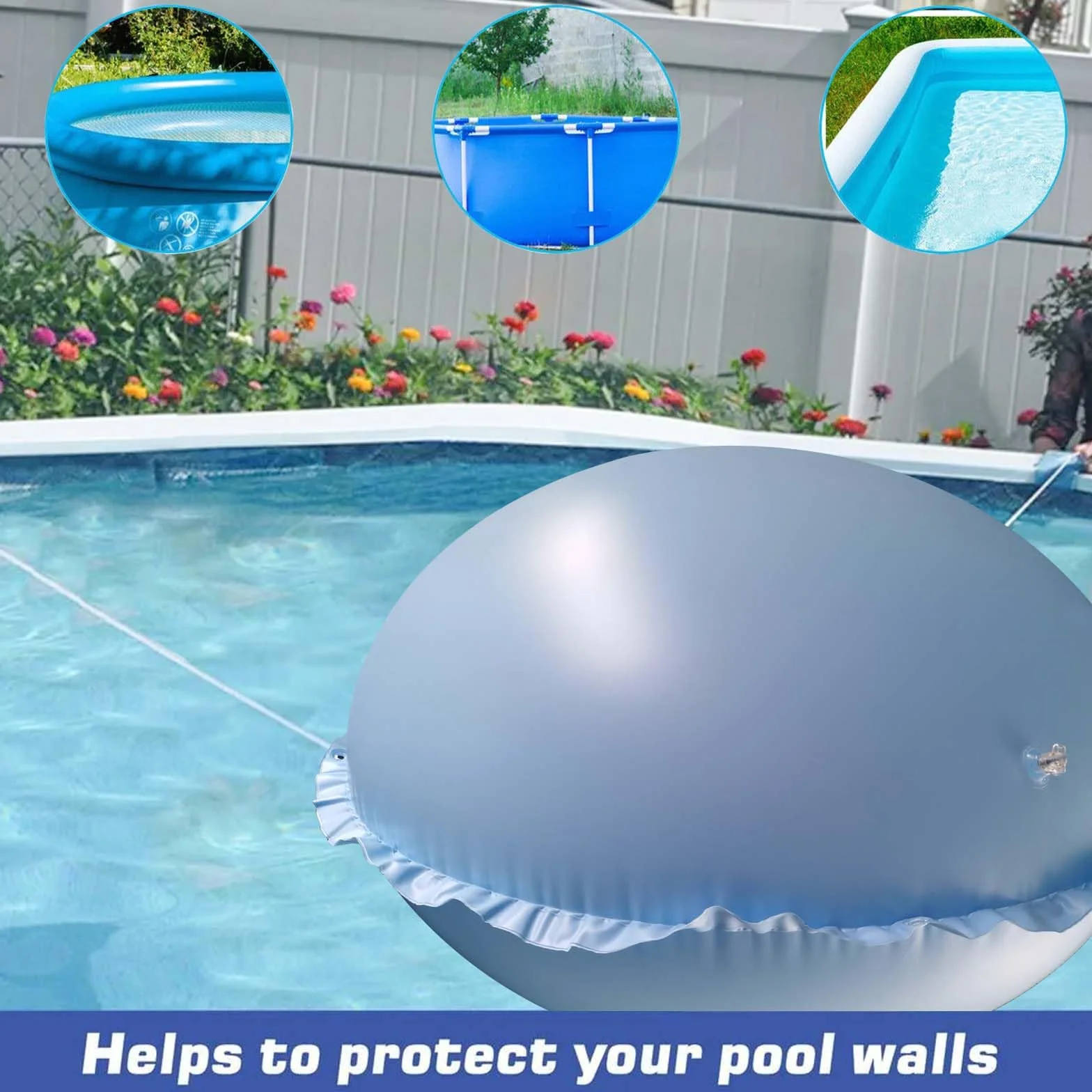 Vaileal Cojín de aire para piscina, XXL, 120 x 120 cm, cojín de piscina de invierno, azul cielo, redondo, cojín de aire para piscina con cuerda de 15 m, reutilizable, cojín de aire de invierno,