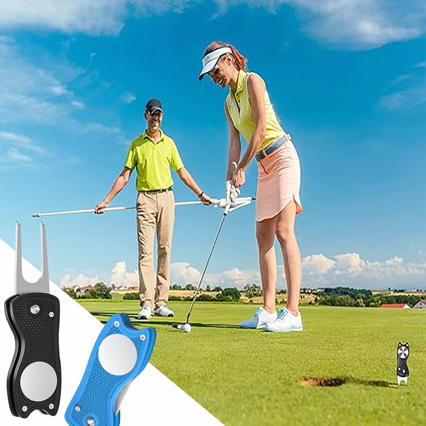 Divot Golf Herramienta Reparación 2 Piezas Plegable Metal Mini Forquilla Verde Metálica Marca Bolas Magnética