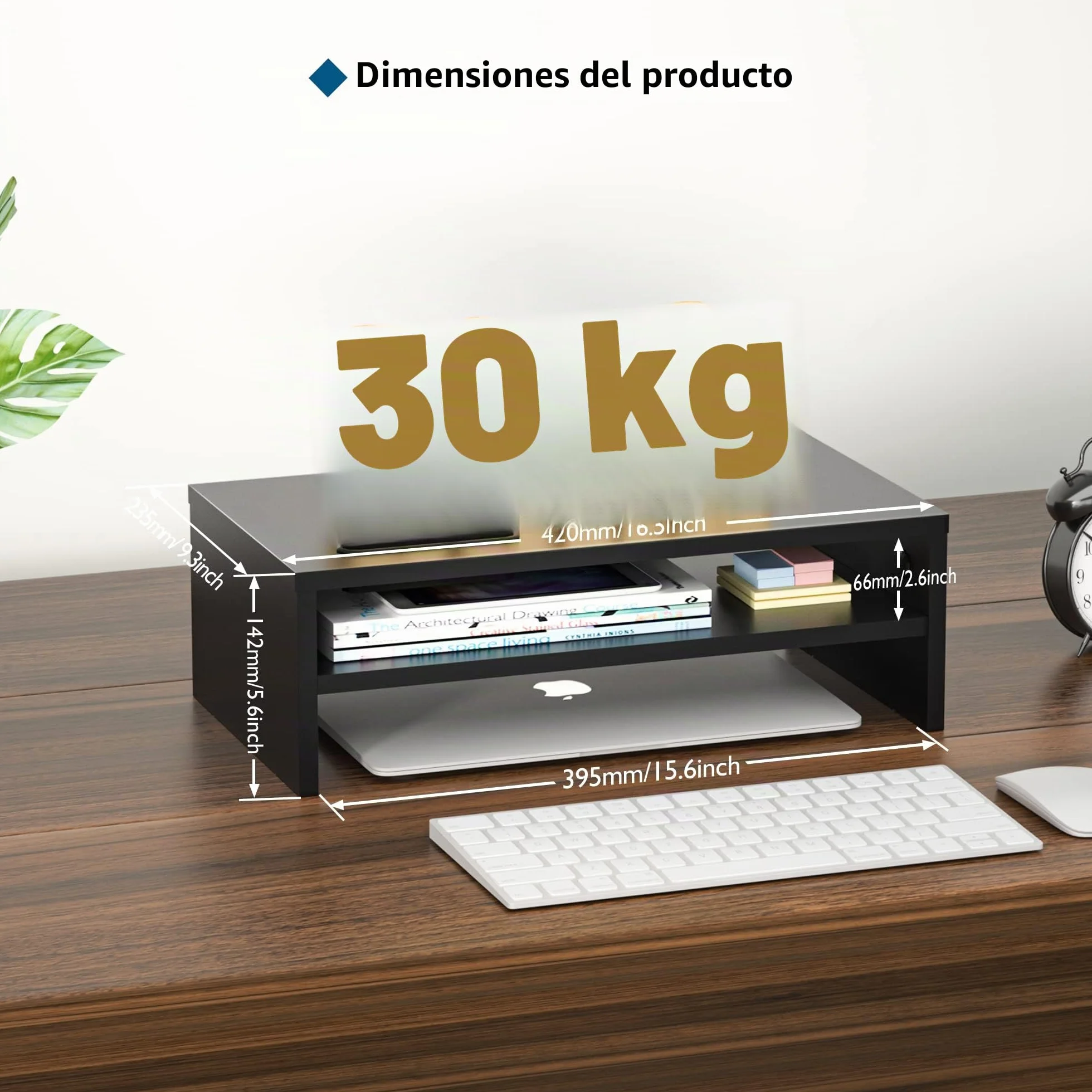 BONTEC Elevador Monitor Escritorio Madera, Soporte 2 Niveles Gestión Cables Ranura Móvil, 30 kg, Negro 420x235x142mm
