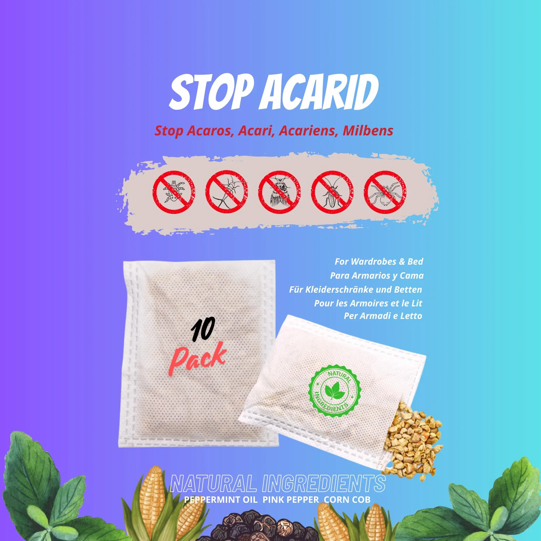 Tratamiento antiácaros a Base de Hierbas | Eliminador Natural de ácaros | Ahuyenta ácaros y polillas en Ropa de Cama, sofás, armarios, alfombras y Cojines | Pack de 10