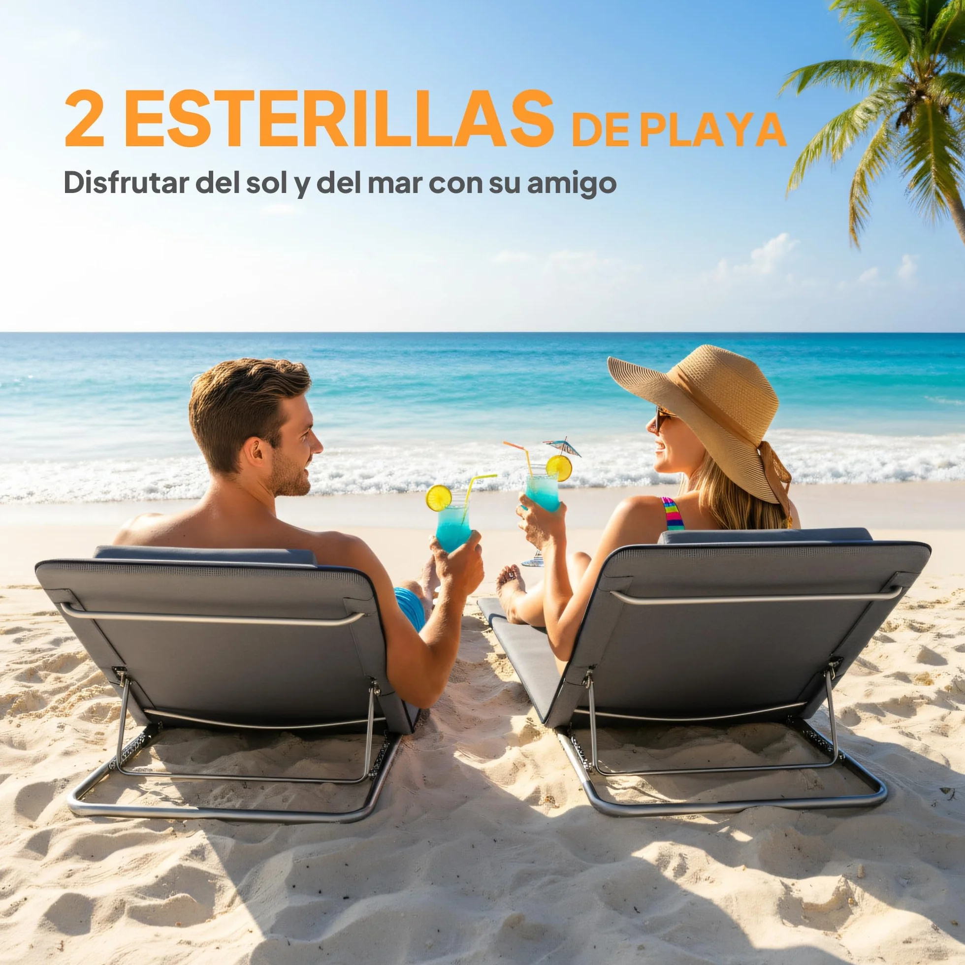 Outsunny Conjunto de 2 Esterillas de Playa Plegable Esterillas con Respaldo Reclinable en 5 Niveles Reposacabezas y Bolsa de Transporte 134x48x33-43 cm Gris