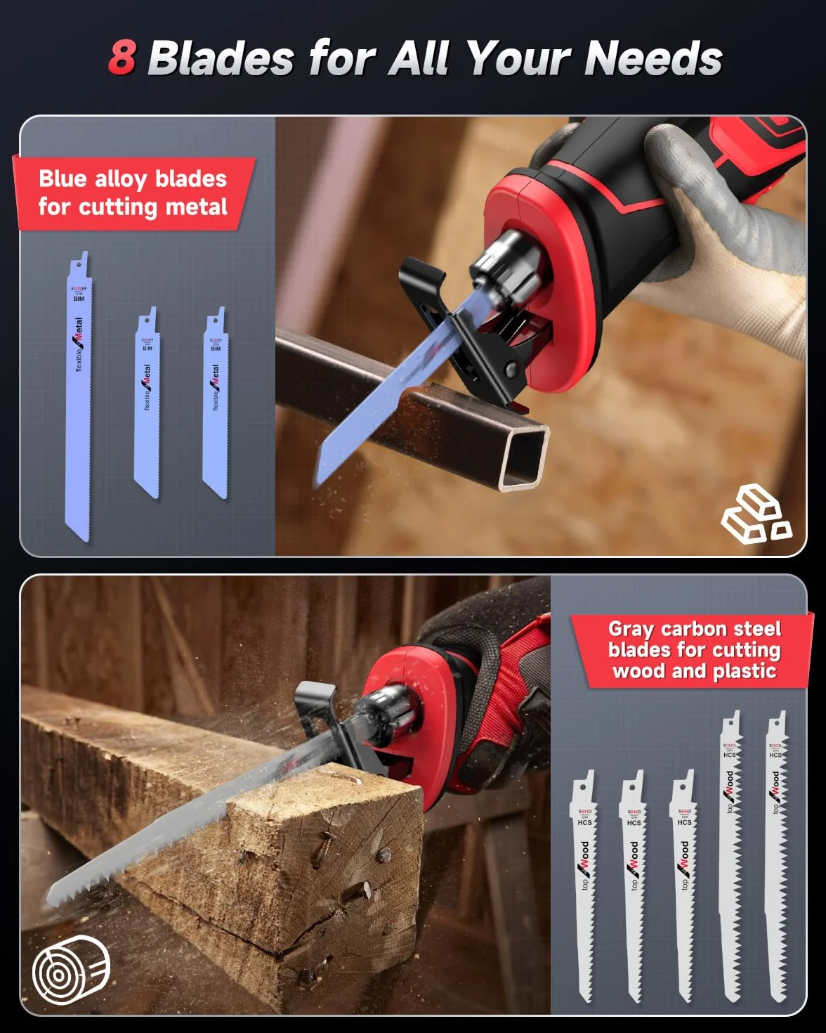 XIAZIR Sierra Sable Inalámbricas, Motor Brushless 3500 CPM, podadora 2×21V 4000mAh Baterías de Alto Rendimiento, Juego de 8 Hojas para Madera, Metal, PVC y Plástico, Sierra Recíproca Portátil