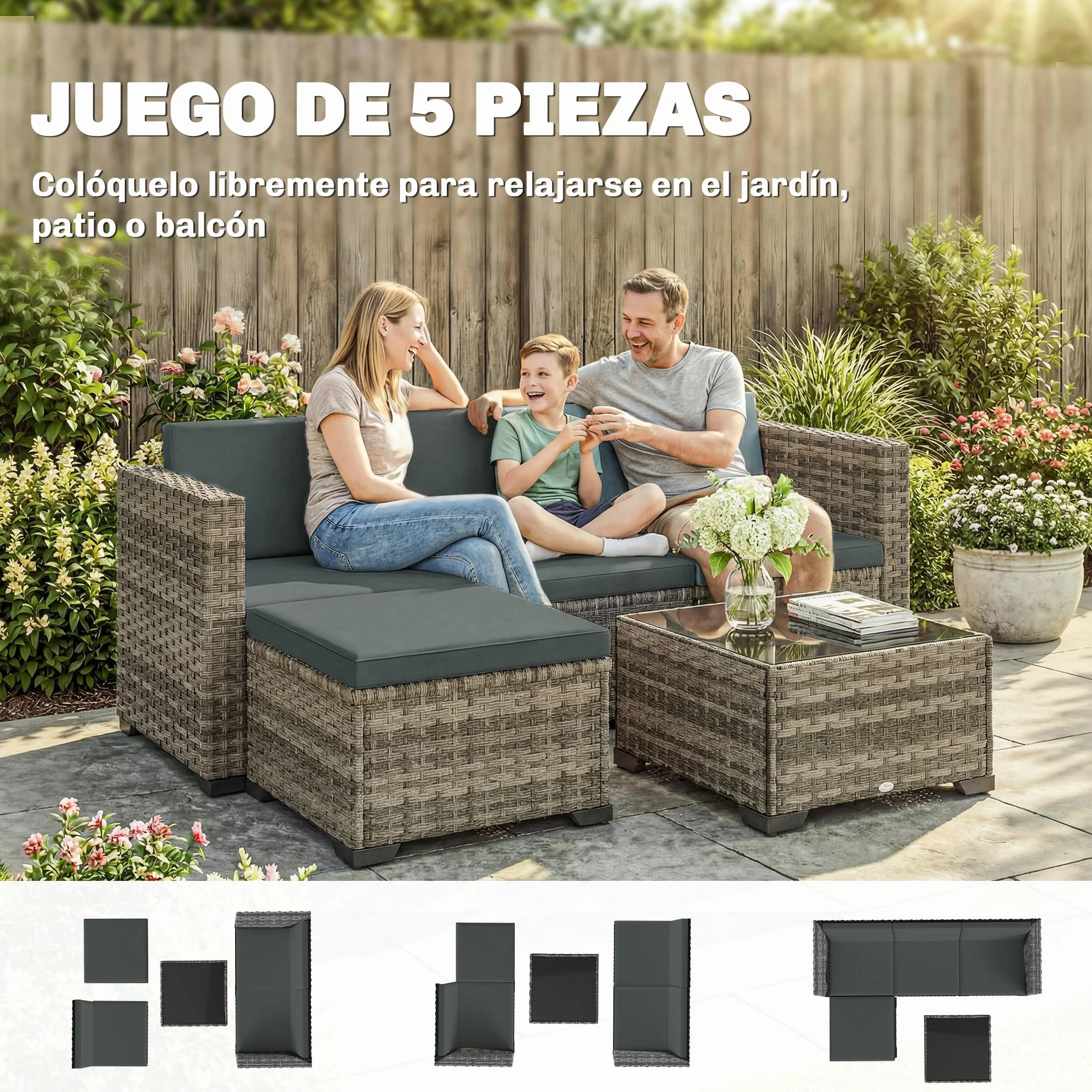 Outsunny Conjunto de Jardín de Ratán de 5 Piezas, Conjunto Terraza Resistente, Muebles Jardín Exterior Incluye Cojines, 2 Sillones de Esquina, Sillón sin Brazos, Reposapiés y Mesa Centro, Gris Oscuro
