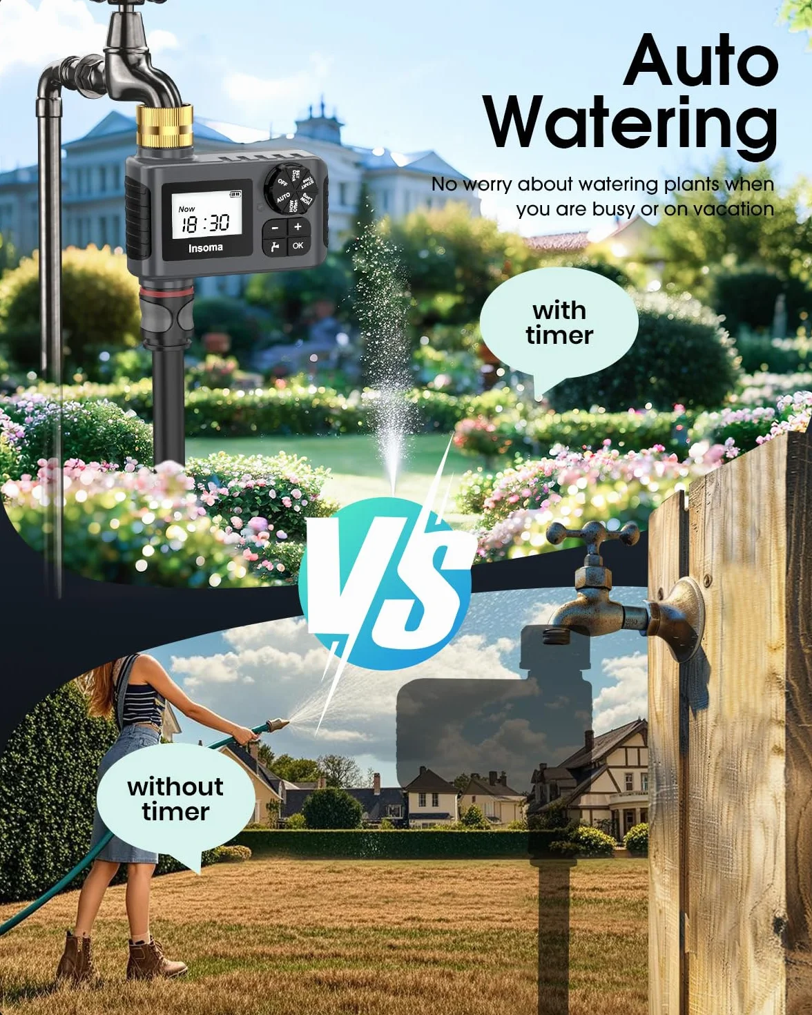 Temporizador de agua para manguera de jardín al aire libre, temporizador de manguera con retardo de lluvia/modo manual, sistema de controlador automático de riego por goteo para riego de césped, patio