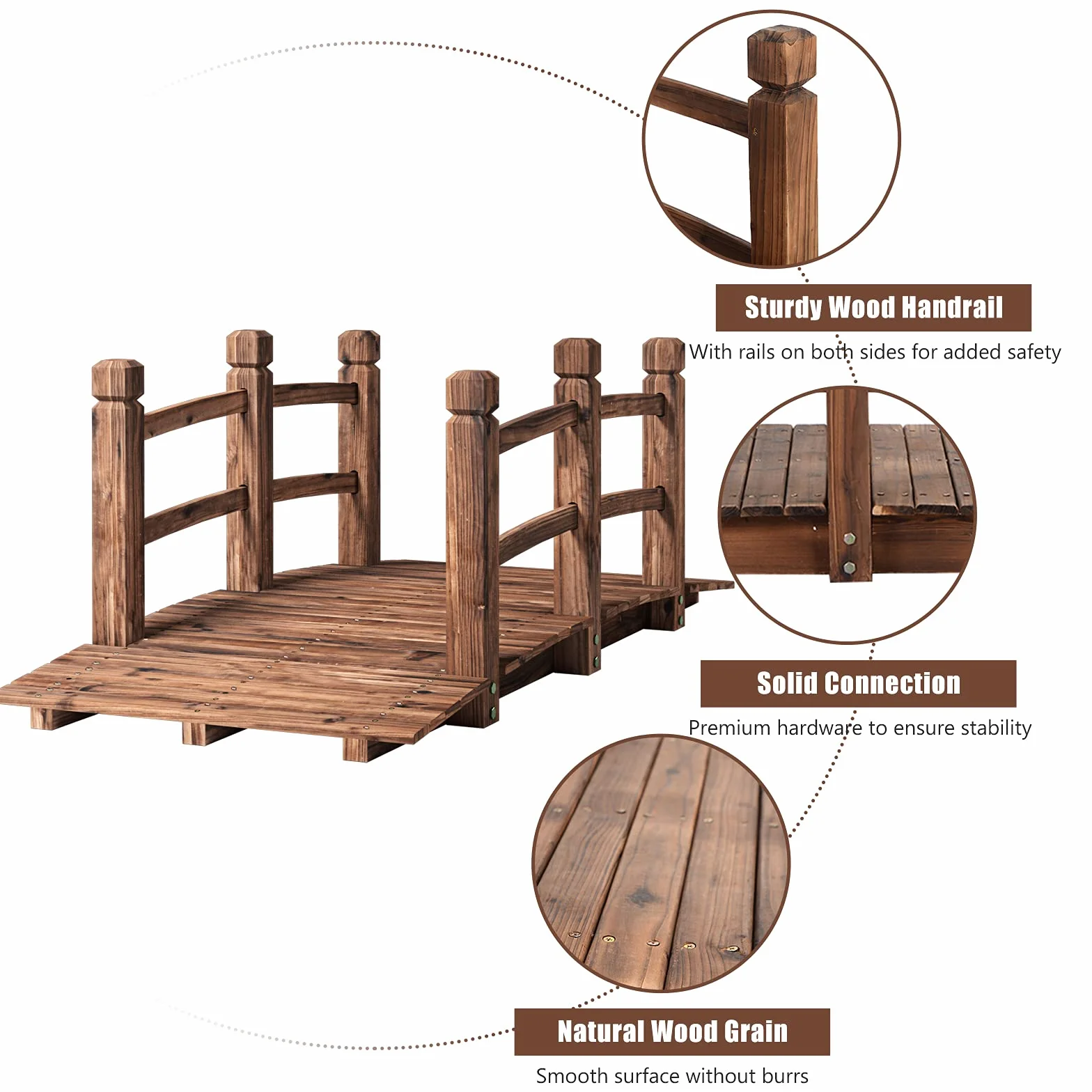 GIANTEX - Puente de jardín de madera carbonizada para estanque, decoración exterior, 150 x 67 x 55 cm, carga máxima 100 kg (marrón)