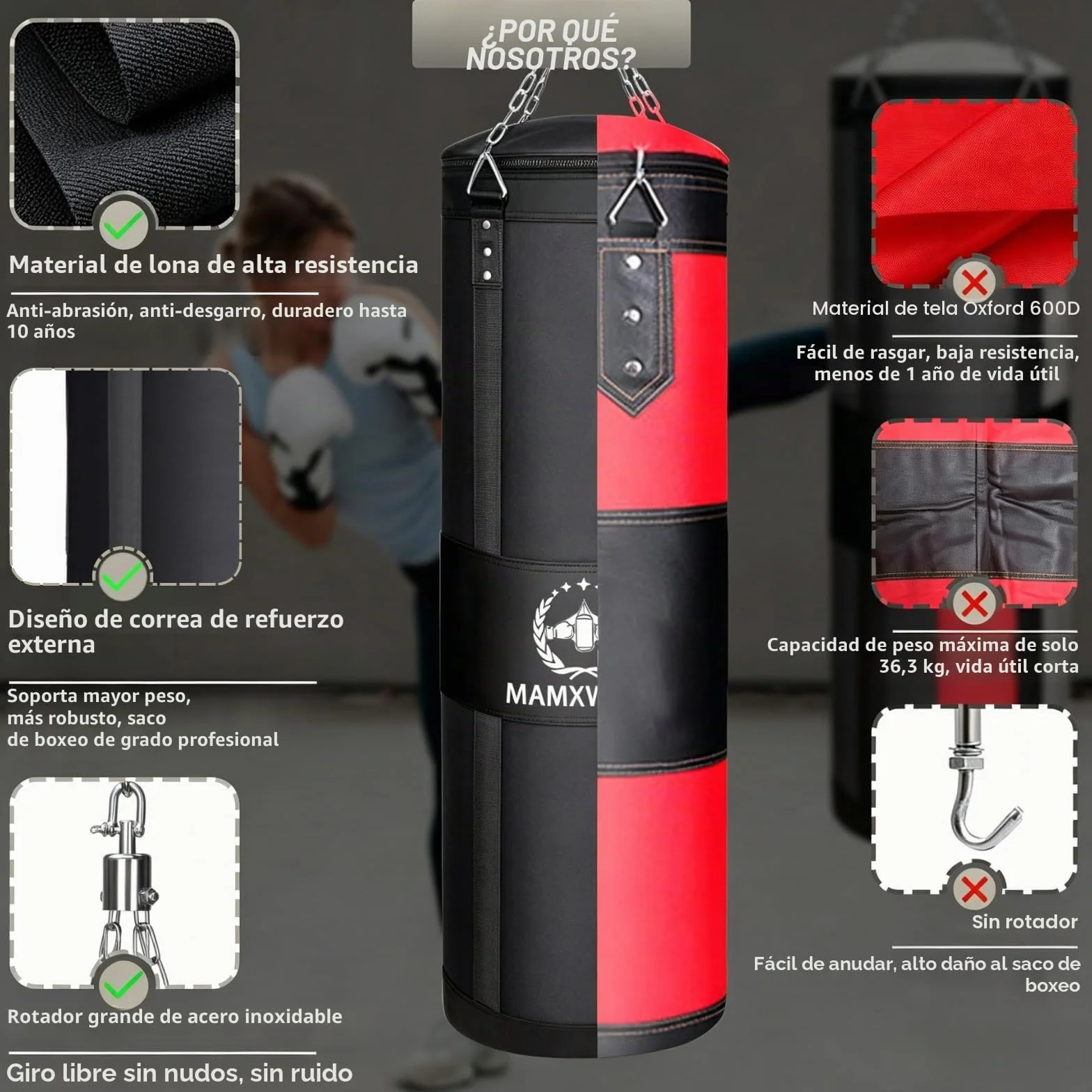 Saco de Boxeo para Adultos 120 cm Colgante Anti-Swing con Rotador Carga Máxima 80KG