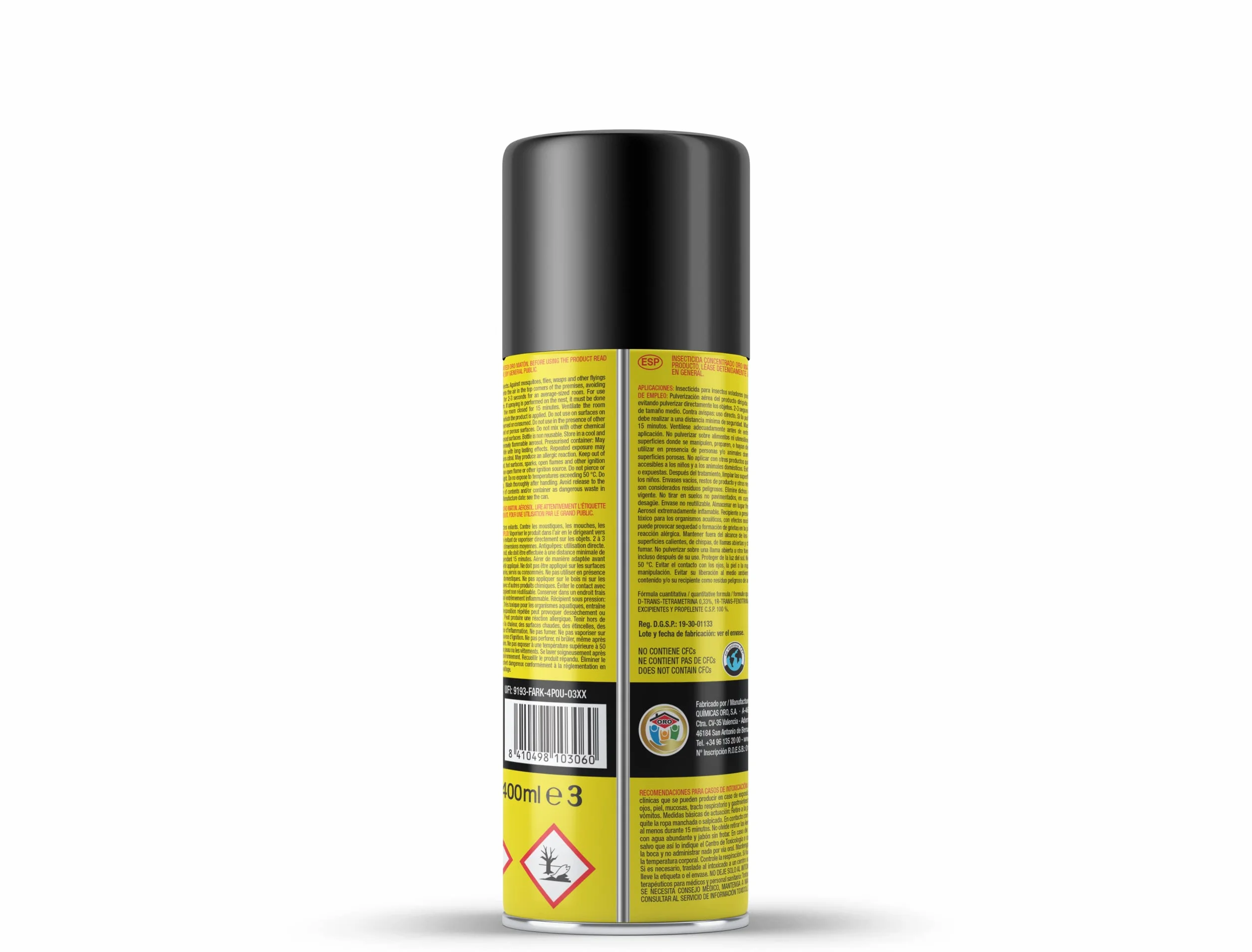ORO INSECTICIDA Efectivo contra Avispas, Avispones, Avisperos, Avispa Asiática (Velutina). Insecticida Concentrado. Eficacia Instantánea. Pulveriza seguro. Alcance 4metros. 400mL