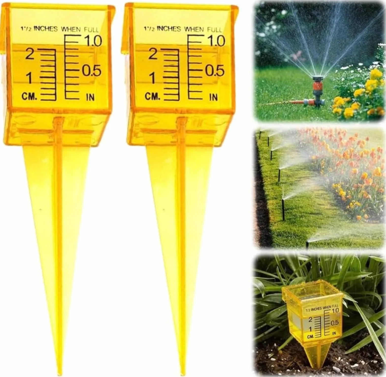 Pluviómetro de 1,5 pulgadas para exteriores con gran apertura, medidor de agua de plástico transparente para césped y jardín, medidor de lluvia de color amarillo brillante, 10 unidades