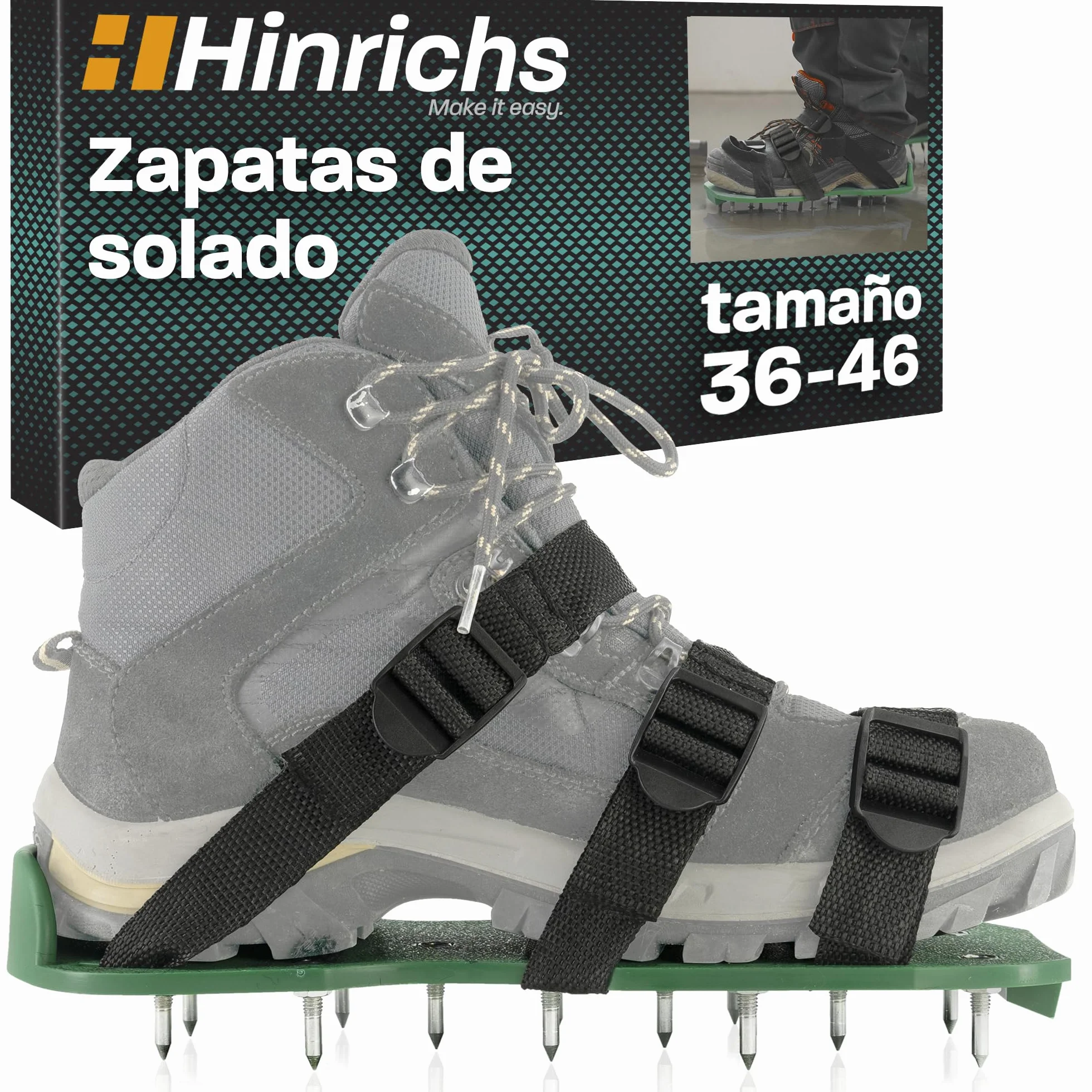 Hinrichs Zapatos Aireador para Cesped - 2 Zapatos de Aireador de Cesped Suela de 30 x 13,3 cm y Púas de 25 mm; Zapatos de Aireador Jardin de Tamaño Ajustable - Aireador Cesped Rodillo
