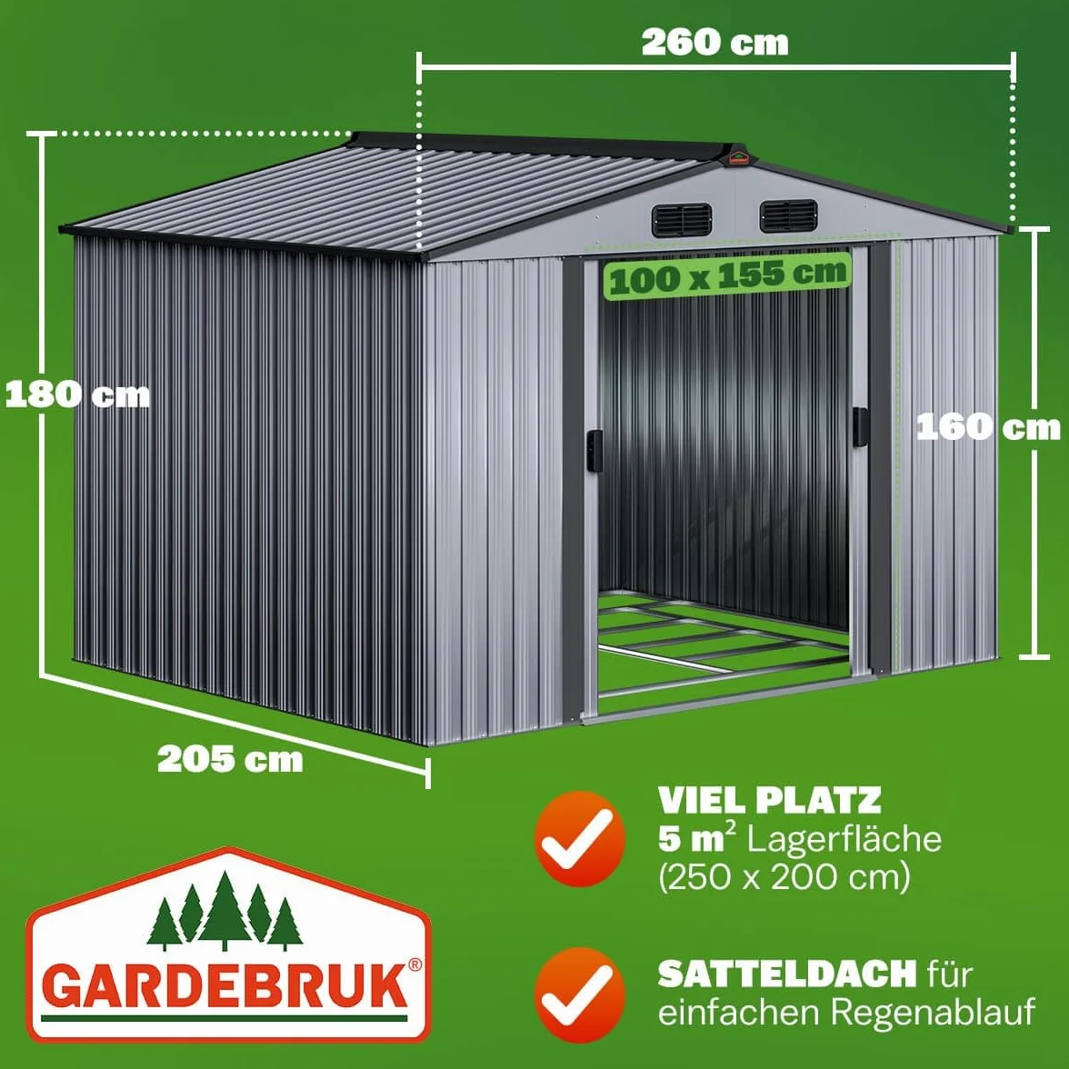 GARDEBRUK® Cobertizo de Jardín XXL Caseta Exterior 5m² con Base 260x205x180cm 9m³ Puerta Corrediza Gris Metálico