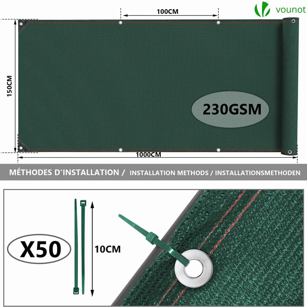 VOUNOT® Malla Sombreo y Ocultación 1.5×10m, Valla Privacidad 230 g/m² HDPE Protección UV, Red de Sombra con Bridas, para Jardín, Huerto, Balcón, Verde
