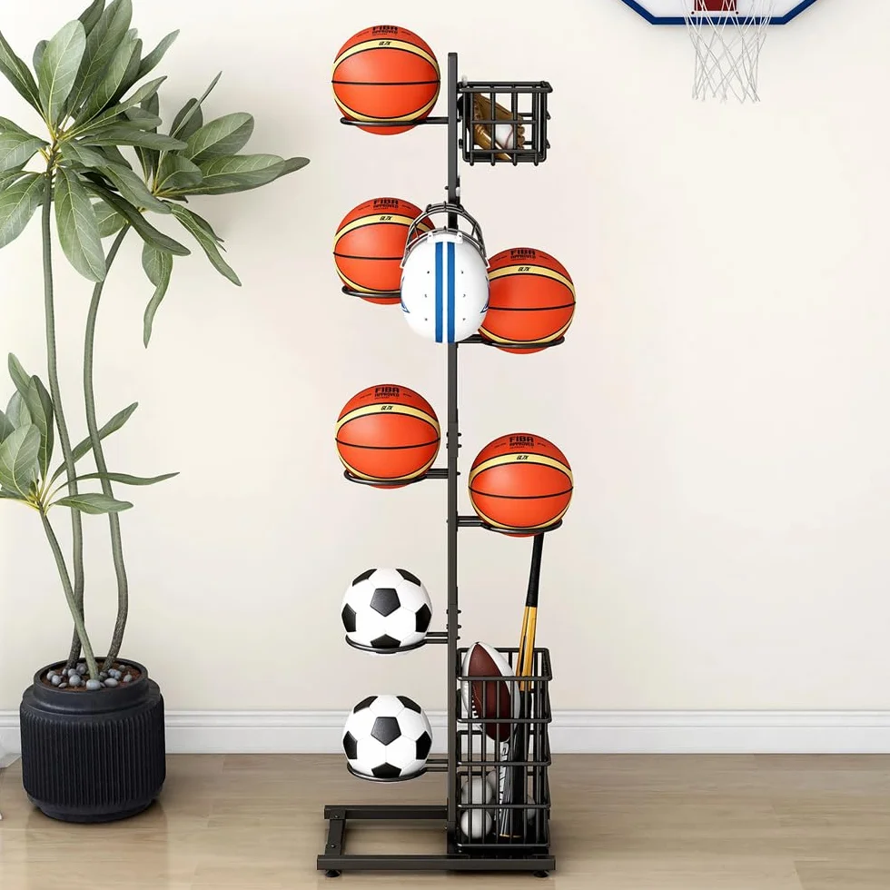 Soporte de Baloncesto y Fútbol, Organizador de Garaje para Equipos Deportivos, Estante de Almacenamiento Vertical con 7 Soportes y 2 Cestas