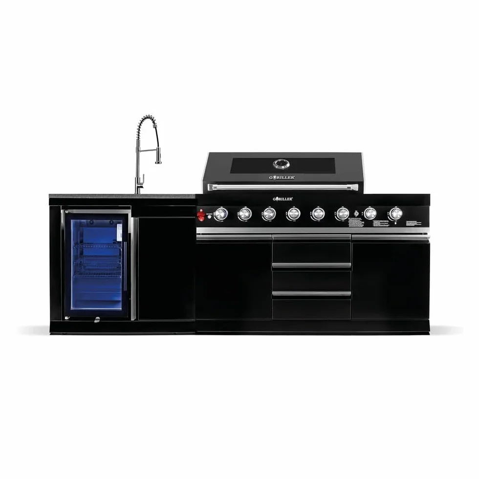 GORILLER BLACKBACK S1 Cocina al aire libre, parrilla de gas XXL con carcasa de acero inoxidable, nevera integrada, grifo, color negro