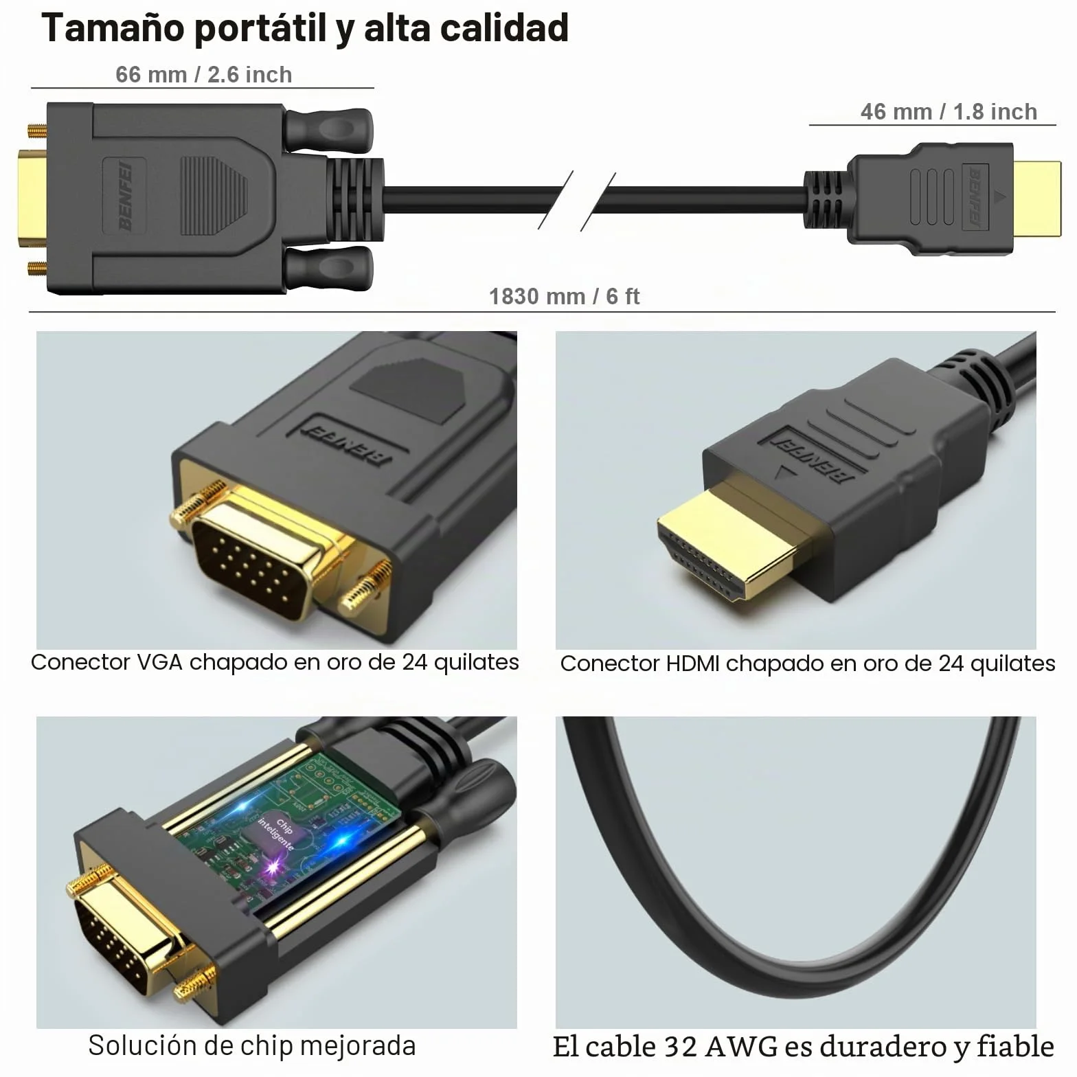BENFEI Cable HDMI a VGA Chapado en Oro Macho a Macho 1,8 m Negro