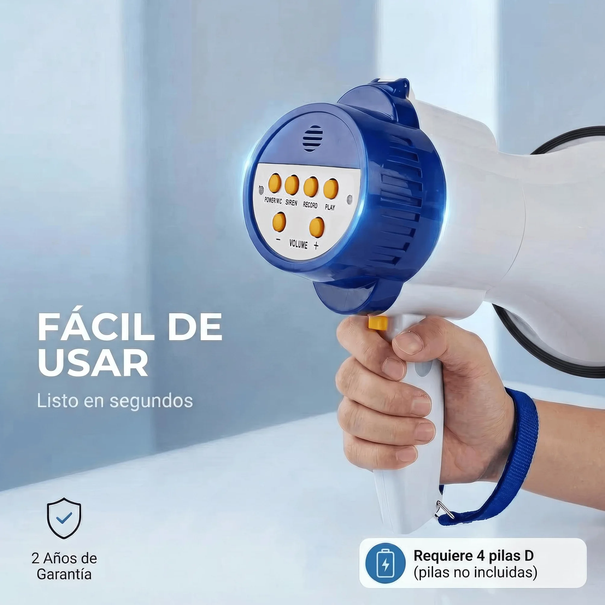 Nedis megáfono 250 m 150 dB blanco azulado con correa y micrófono incorporado sirena grabación