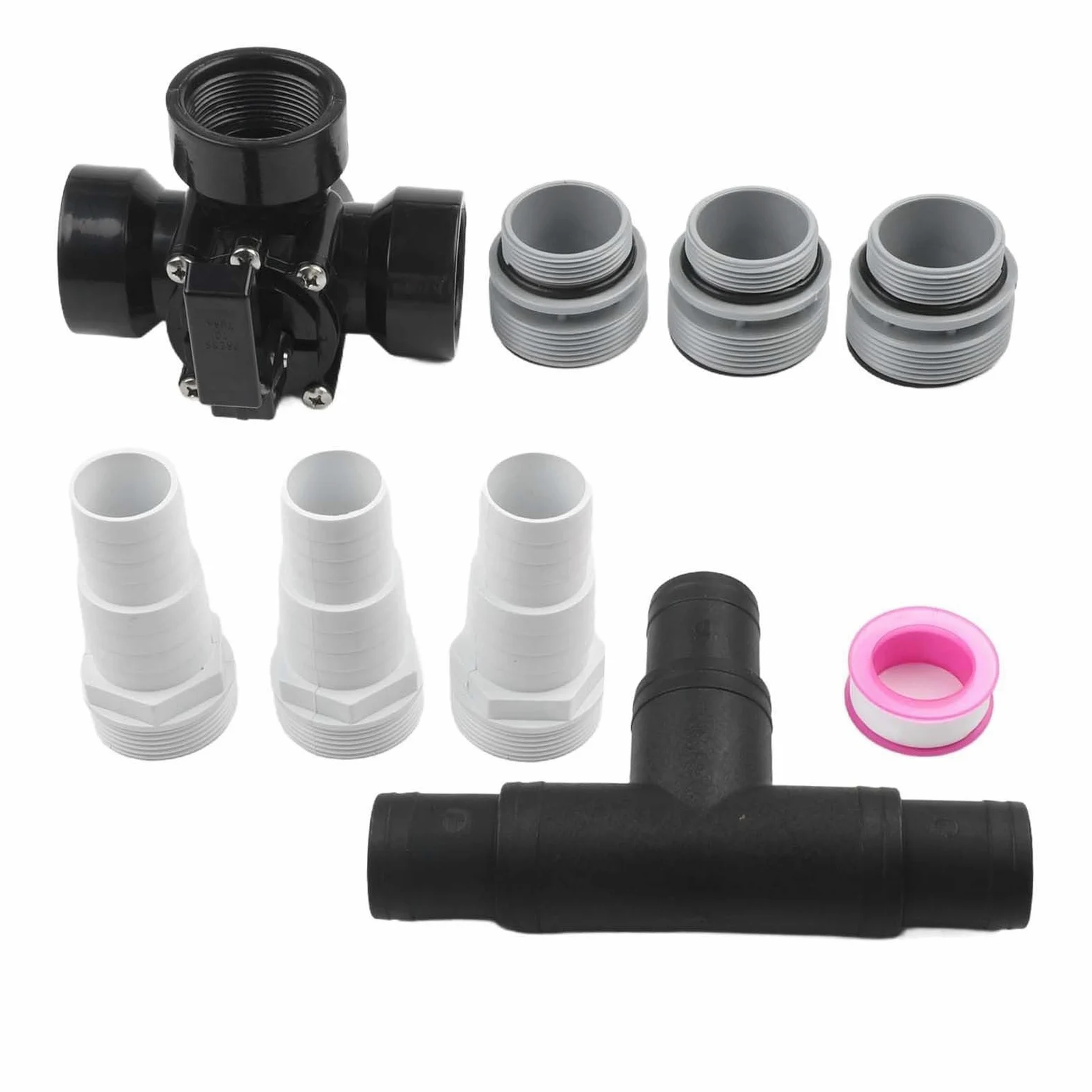 Válvula desviadora de tres vías 1.5 pulgadas, adaptador de manguera y kit de conversión, válvula direccional de fontanería de piscina (negro)