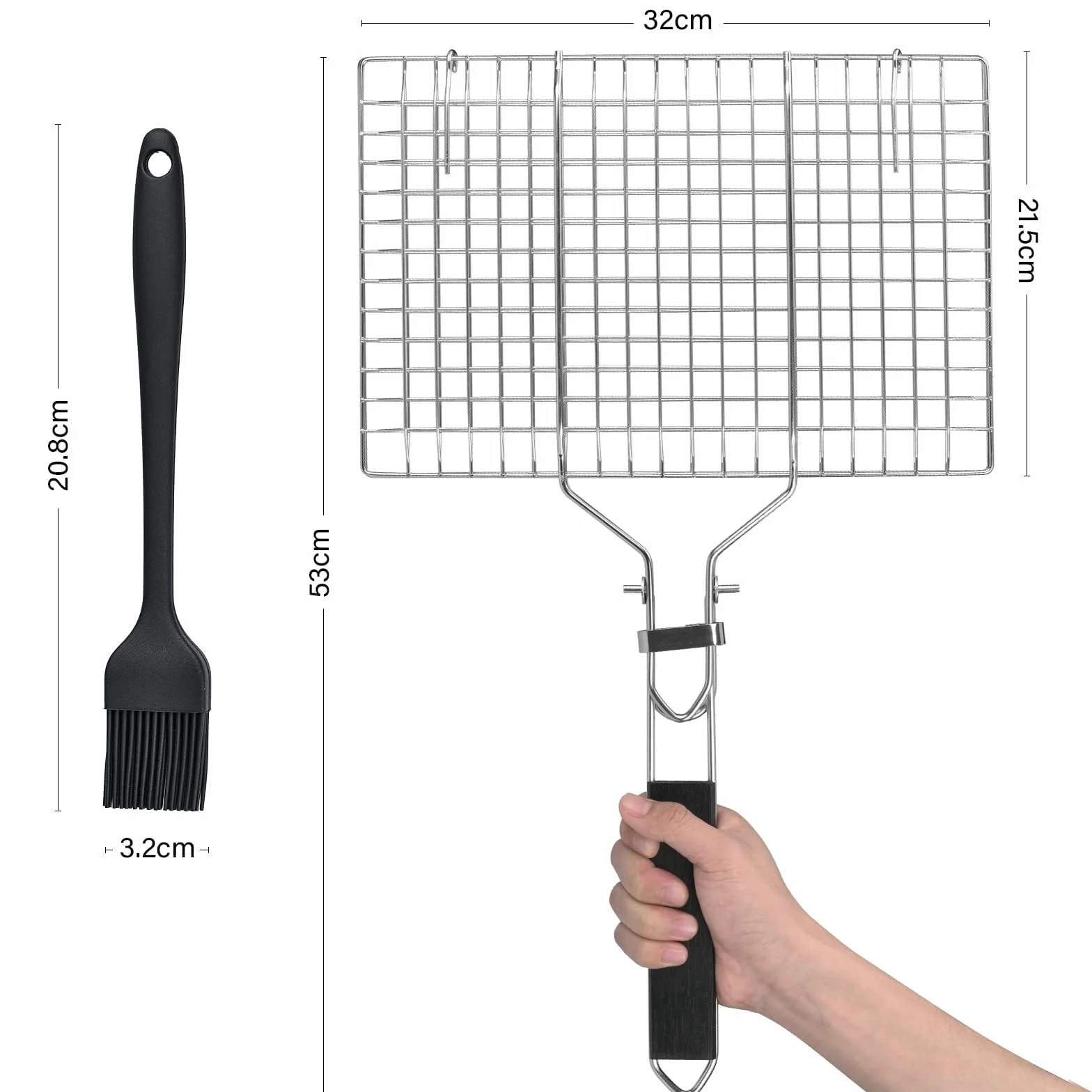 Cesta para Asar Pescado y Verduras - Bandeja de Barbacoa de Acero Inoxidable, Plegable, Portátil - Con Bolsa Oxford y 2 Cepillos de Silicona