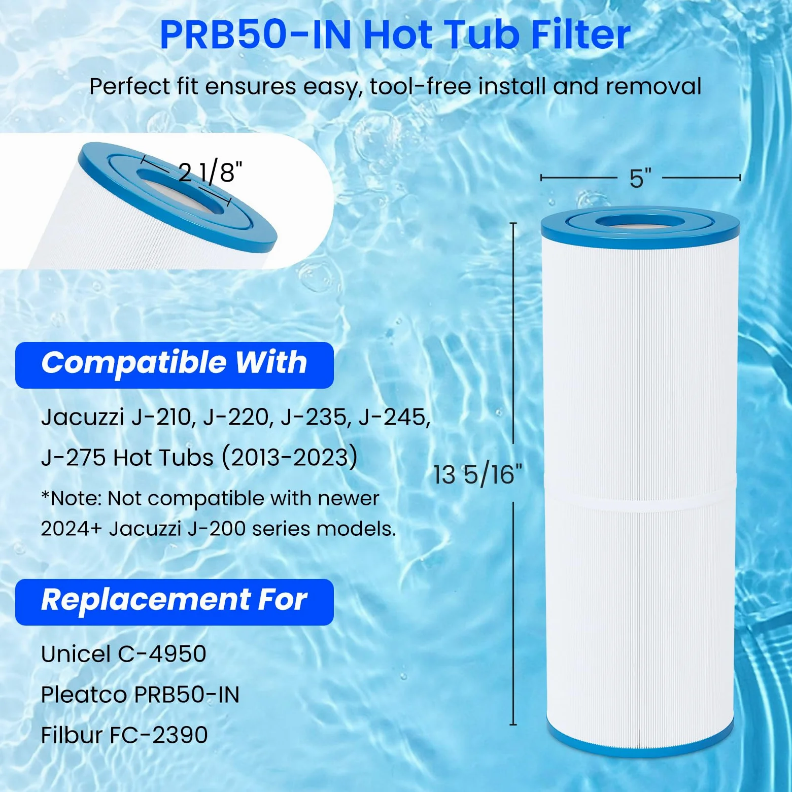 Future Way PRB50-IN - Filtro de Repuesto para bañera de hidromasaje Jacuzzi J210/J220/J235/J245/J275, Unicel C-4950, Filbur FC-2390, Pleatco PRB50-IN, Filtro de SPA de 5 x 13, 50 pies Cuadrados,