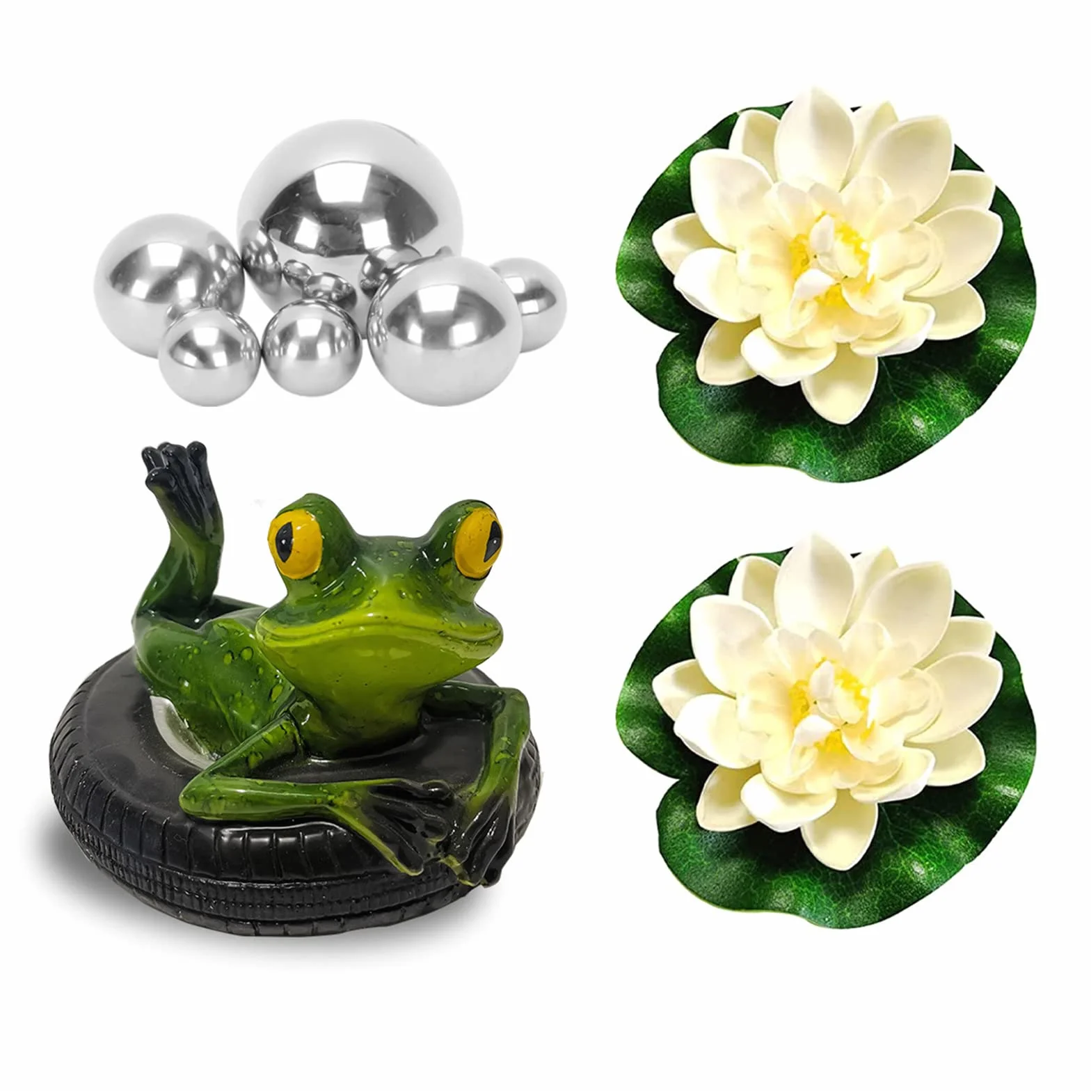 Set de decoración para Estanque de jardín, Dos Ranas con Bolas de Plata y 2 Unidades de Flor de Loto como decoración de jardín para Estanque pequeño (Rana de Espalda)