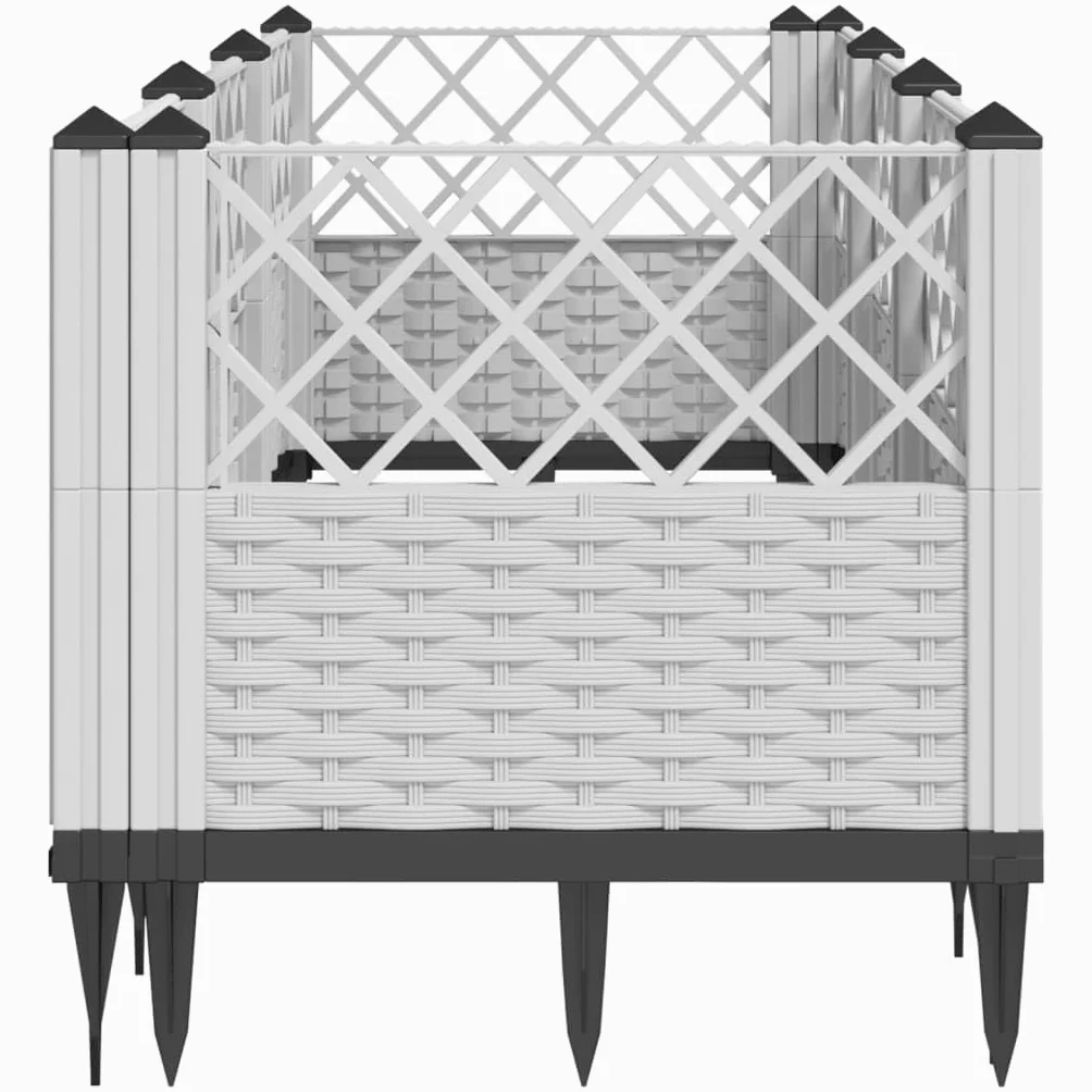 Jardinera con estacas, color blanco, 123,5 x 43,5 x 43,5 cm, bancal modular en aspecto de ratán, de plástico resistente, para jardín, terraza y balcón, 8 elementos