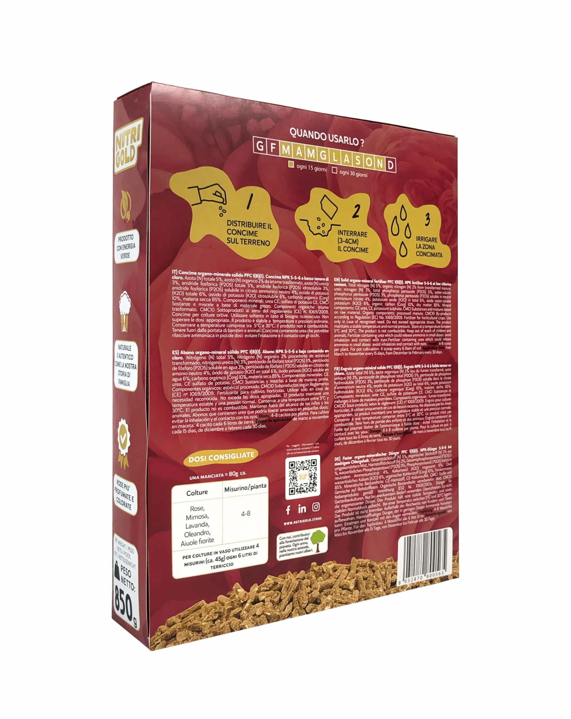 NutriGold® fertilizante Rosas y Flores | Abono para Rosas, Flores y Plantas Floridas - Estimula Floraciones Ricas e Intensas - 100% Natural Km0 - Sólido 800g + 50g Gratis