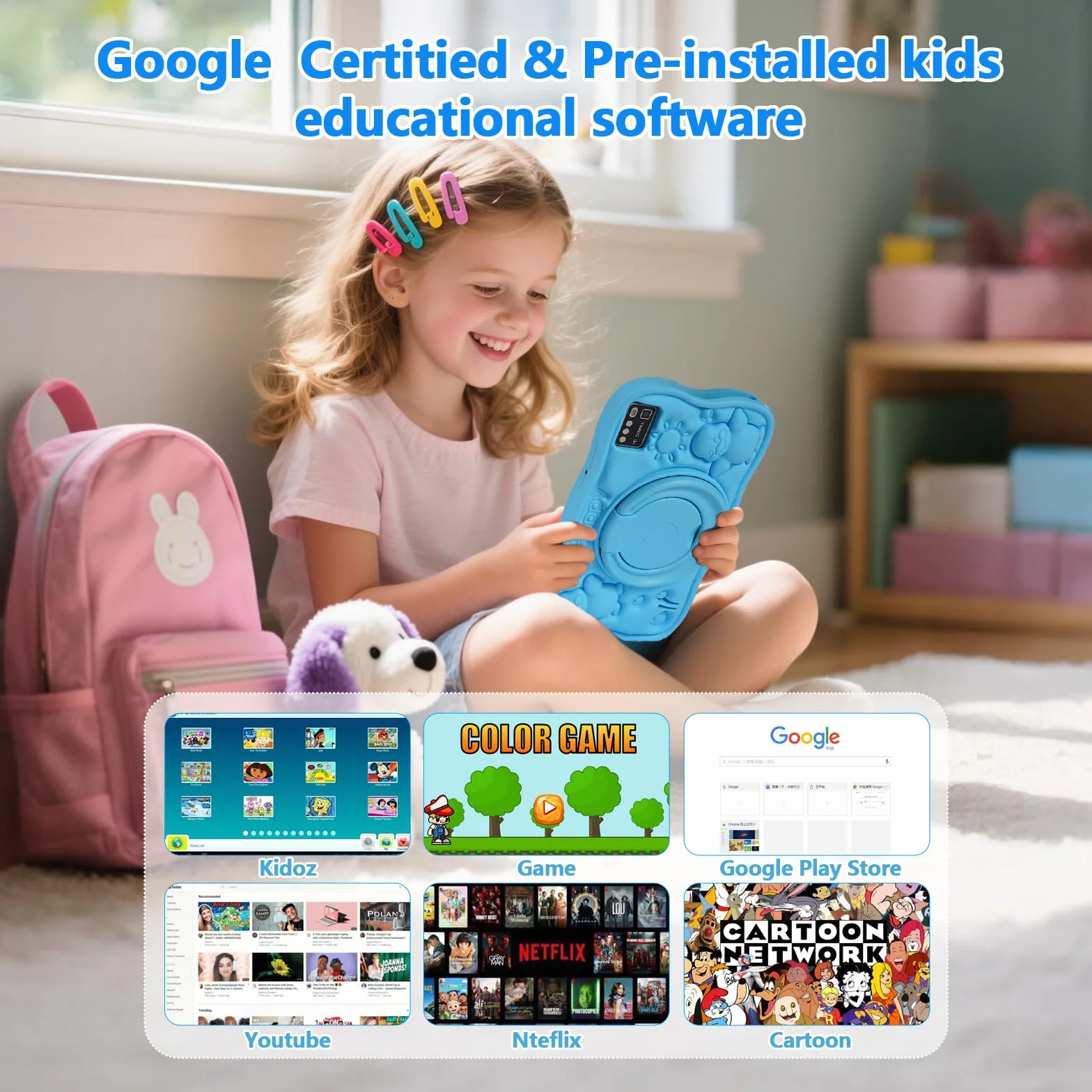 Tablet 7 cali SUMTAB, Android, 8GB RAM 64GB ROM, IPS HD, Kontrola rodzicielska, edukacyjna dla dzieci (Niebieski)
