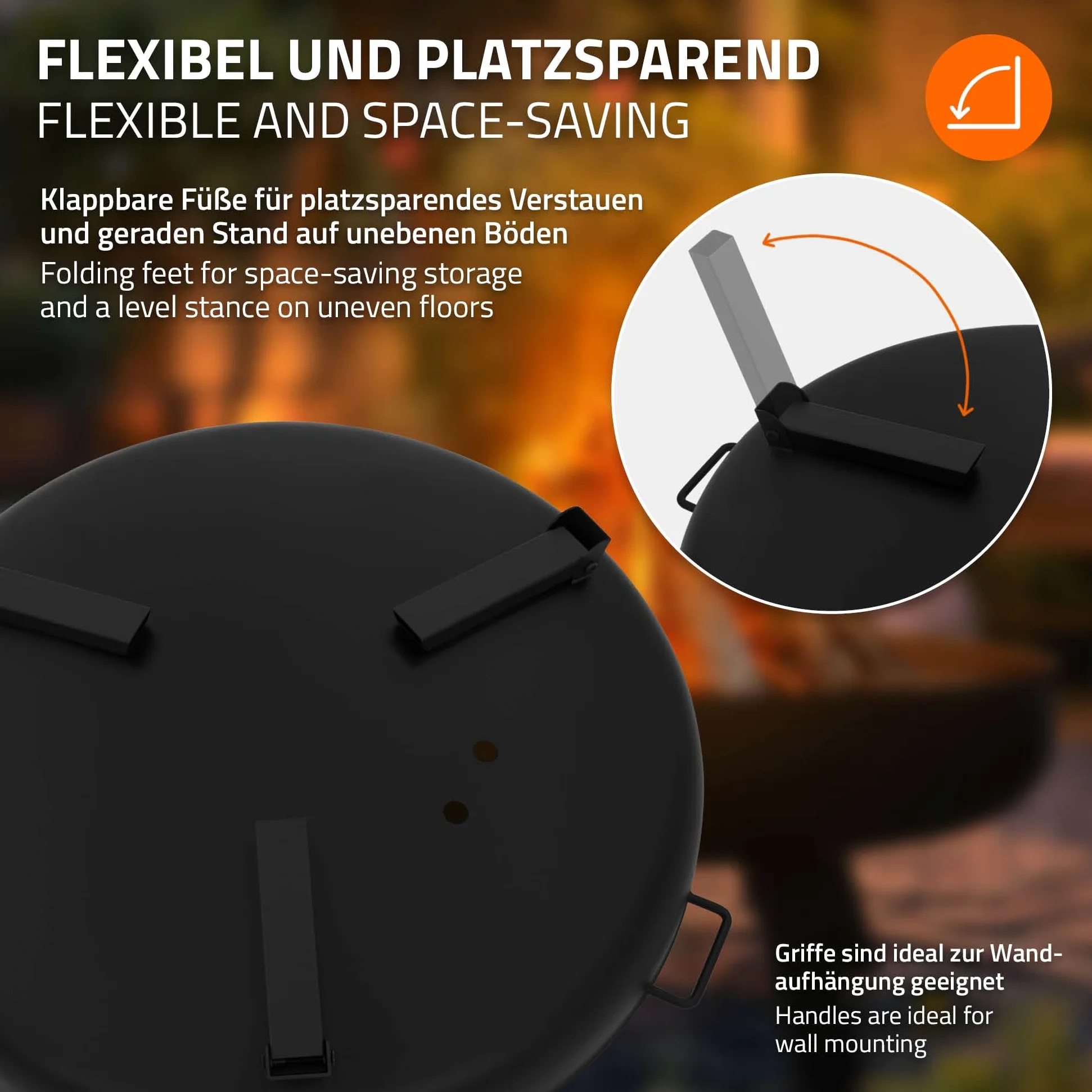 ECD Germany Cuenco de Fuego 60 x 27 cm Brasero Exterior Redondo de Acero con 3 Patas Plegables y Asas de Transporte, Fire Bowl Negro con 2 Agujeros de Drenaje Ideal para Barbacoas de Jardín o Camping