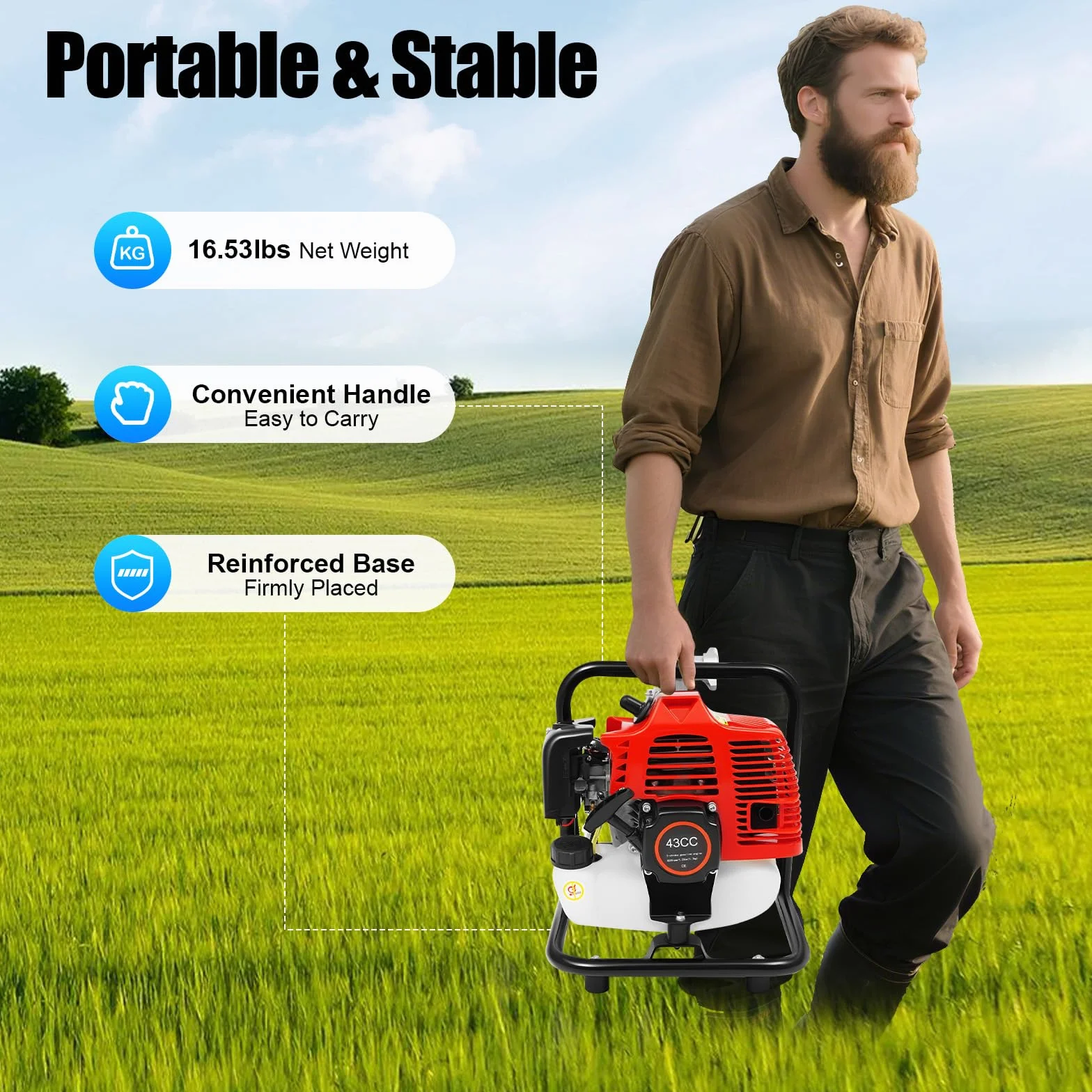 Bomba de agua de gasolina, 43 cc, 2 tiempos, 135 L/min, altura de extracción 30 m | Bomba de motor de 1,25 kW de potencia y arranque manual – Bomba de jardín autocebante para jardín, estanque y riego