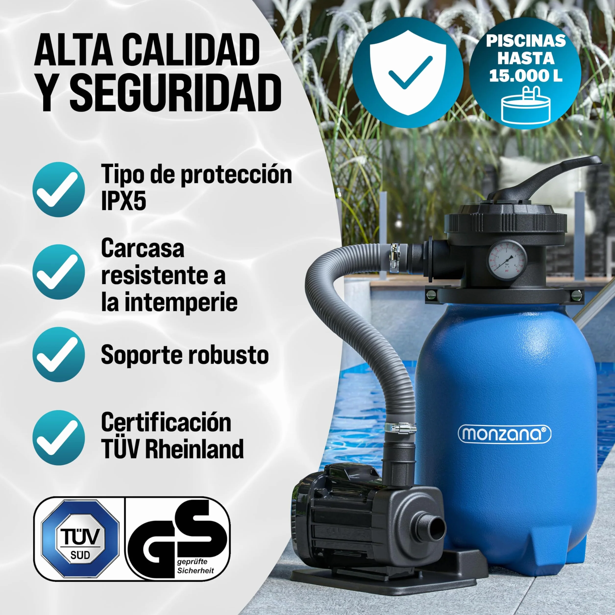 MONZANA® Depuradora Piscina 5000 L/h Filtro de Arena hasta 15.000 L con Bolas de Filtro Válvula 7 Funciones Filtrado Adaptador Ø32-38mm 180W Bomba Indicador de Presión