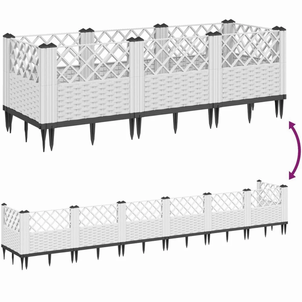 Jardinera con estacas, color blanco, 123,5 x 43,5 x 43,5 cm, bancal modular en aspecto de ratán, de plástico resistente, para jardín, terraza y balcón, 8 elementos