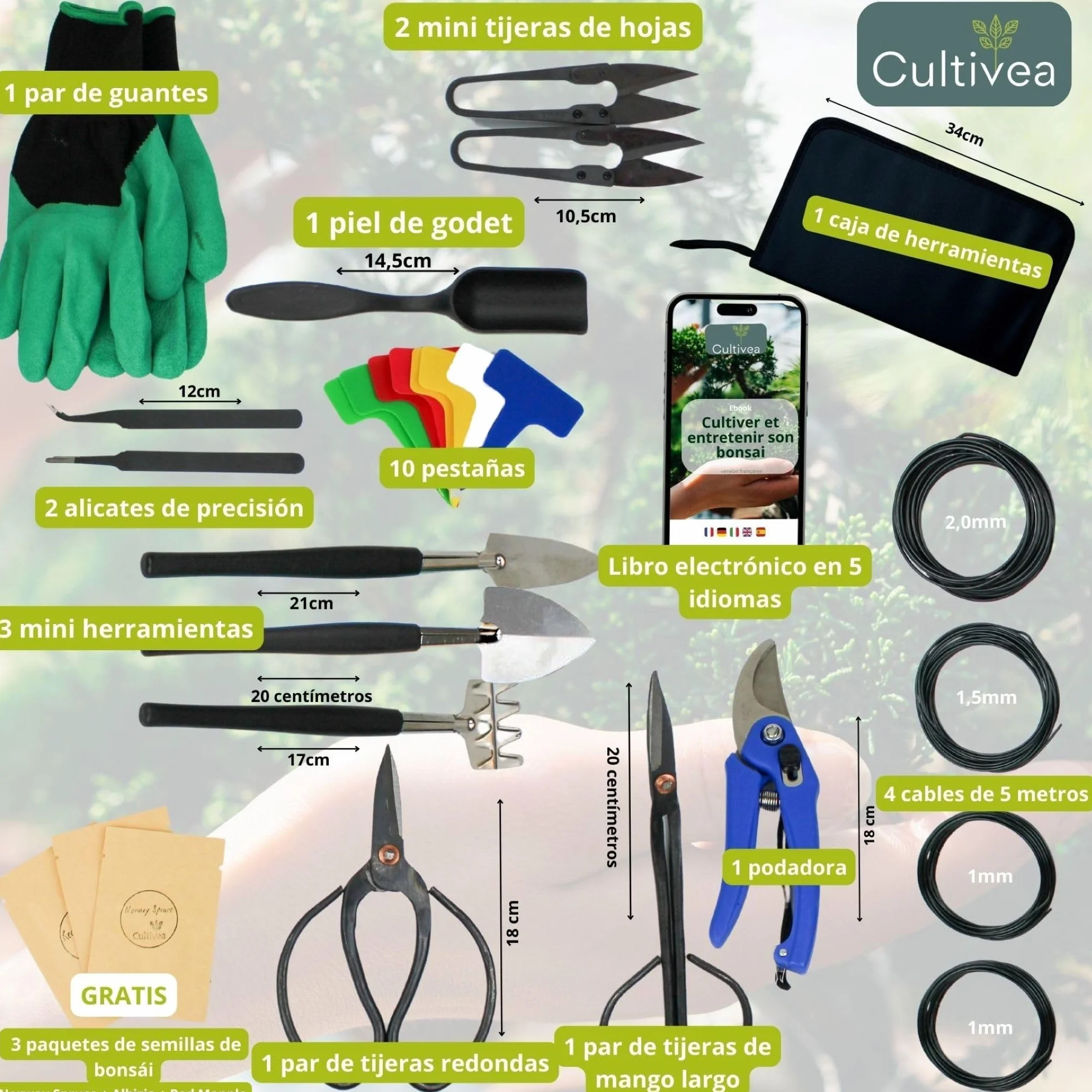 Cultivea® Juego de 32 Herramientas Completas para bonsái - Herramientas de Acero - Jardín - Tijeras para bonsái y Cuidado de Plantas - Tijeras - Alicates - Poda de bonsái - Alambre de Aluminio
