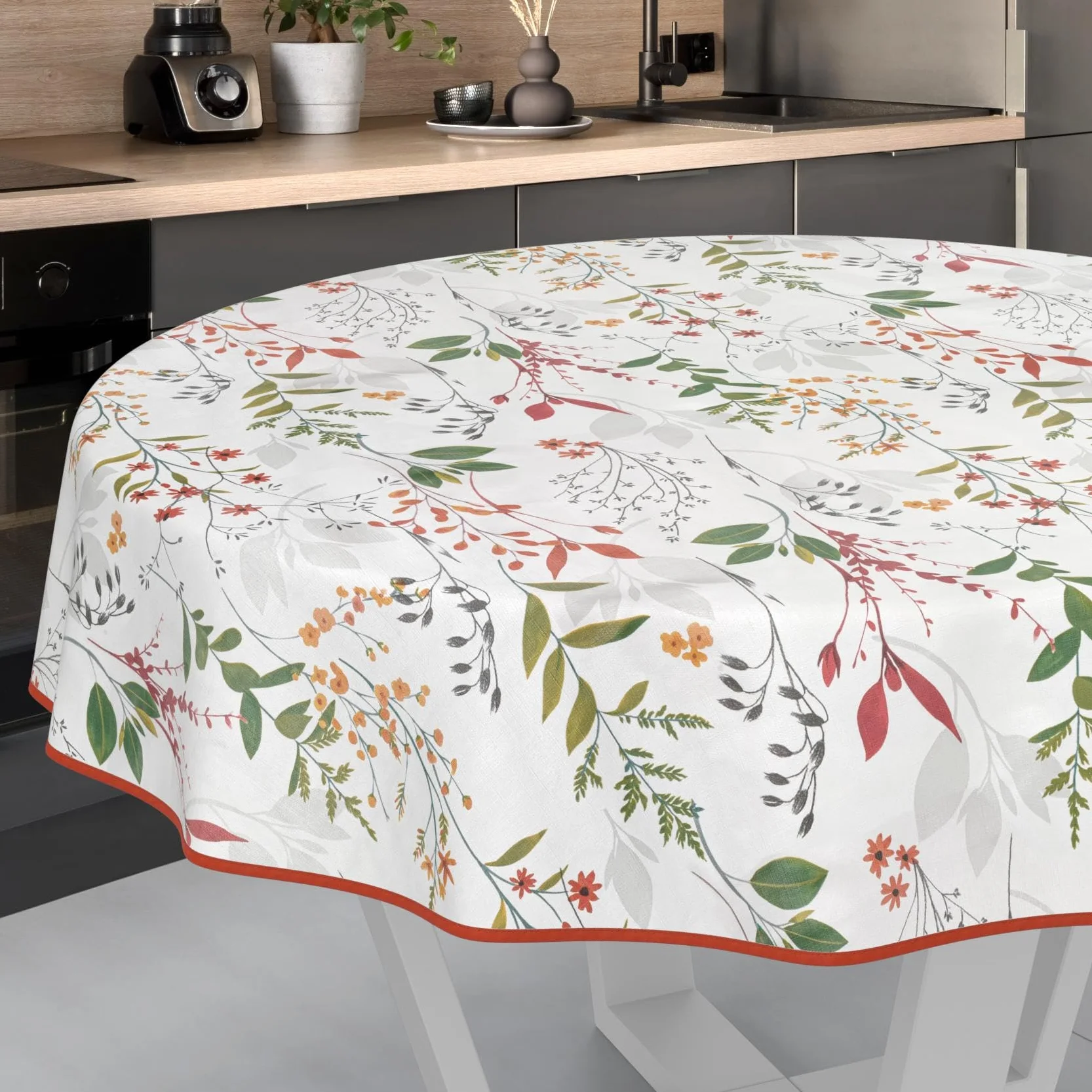 Mantel de Hule Lavable, fácil de Limpiar, Impermeable, Efecto Loto, para jardín, Natural, Redondo, 140 cm, con Dobladillo (Ribeteado)