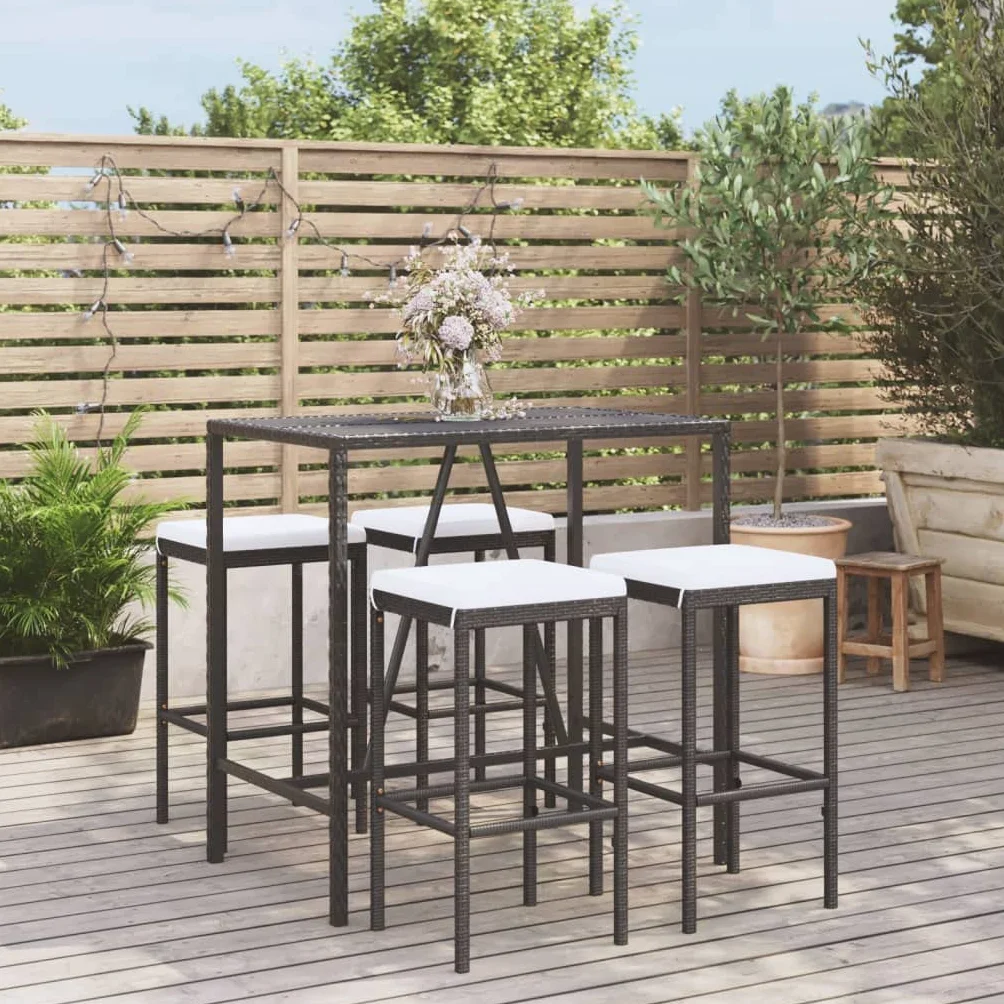 vidaXL Mesa y taburetes Altos jardín 5 pzas y Cojines ratán PE Negro