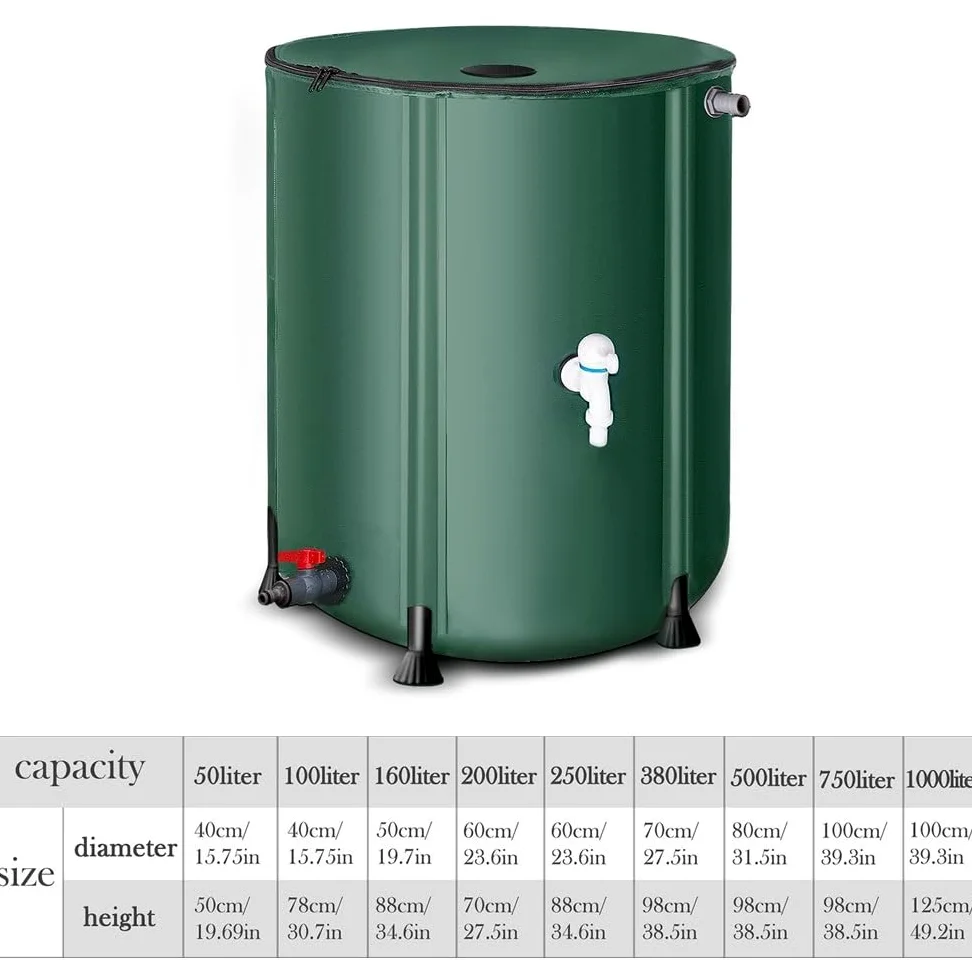 Genérico Baril de Lluvia Plegable 50L a 1000L – Sistema Portátil de Recolección de Agua de Lluvia con Grifo y Tapa Cremallera, Depósito de Agua para Riego de Jardín y Uso Exterior de Emergencia