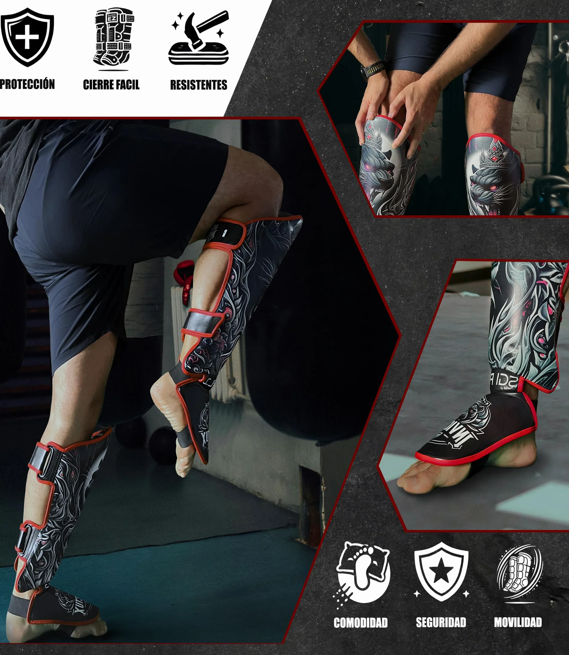Espinilleras Kick Boxing MMA Muay Thai Tibiales Protección Espinillas Empeine Velcro Adulto Unisex