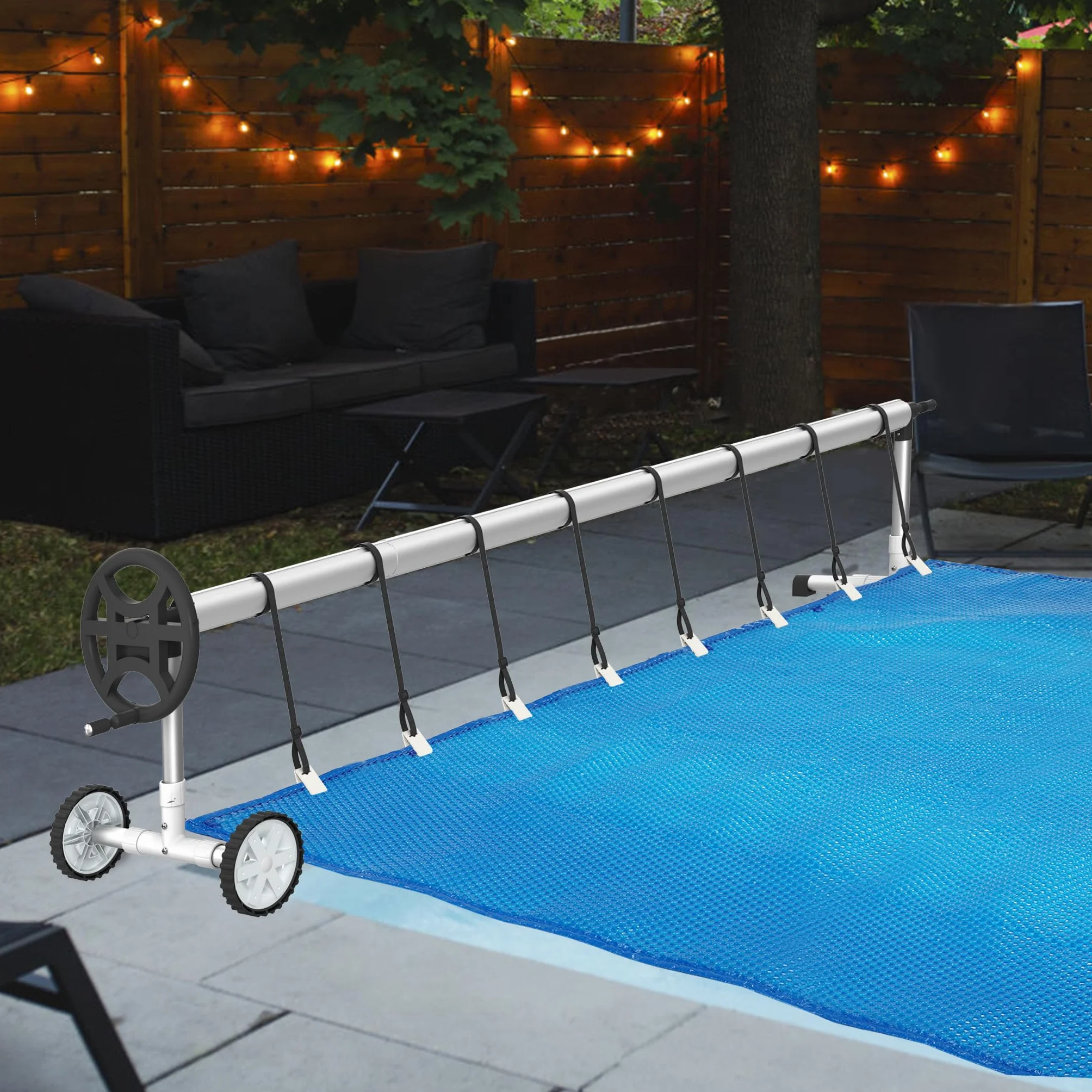 XMTECH Sistema de enrollado para piscina, enrollador de piscina, tubo telescópico de aluminio, sistema de enrollado para lona de piscina, cubierta solar, resistente a la intemperie (con ruedas-2)