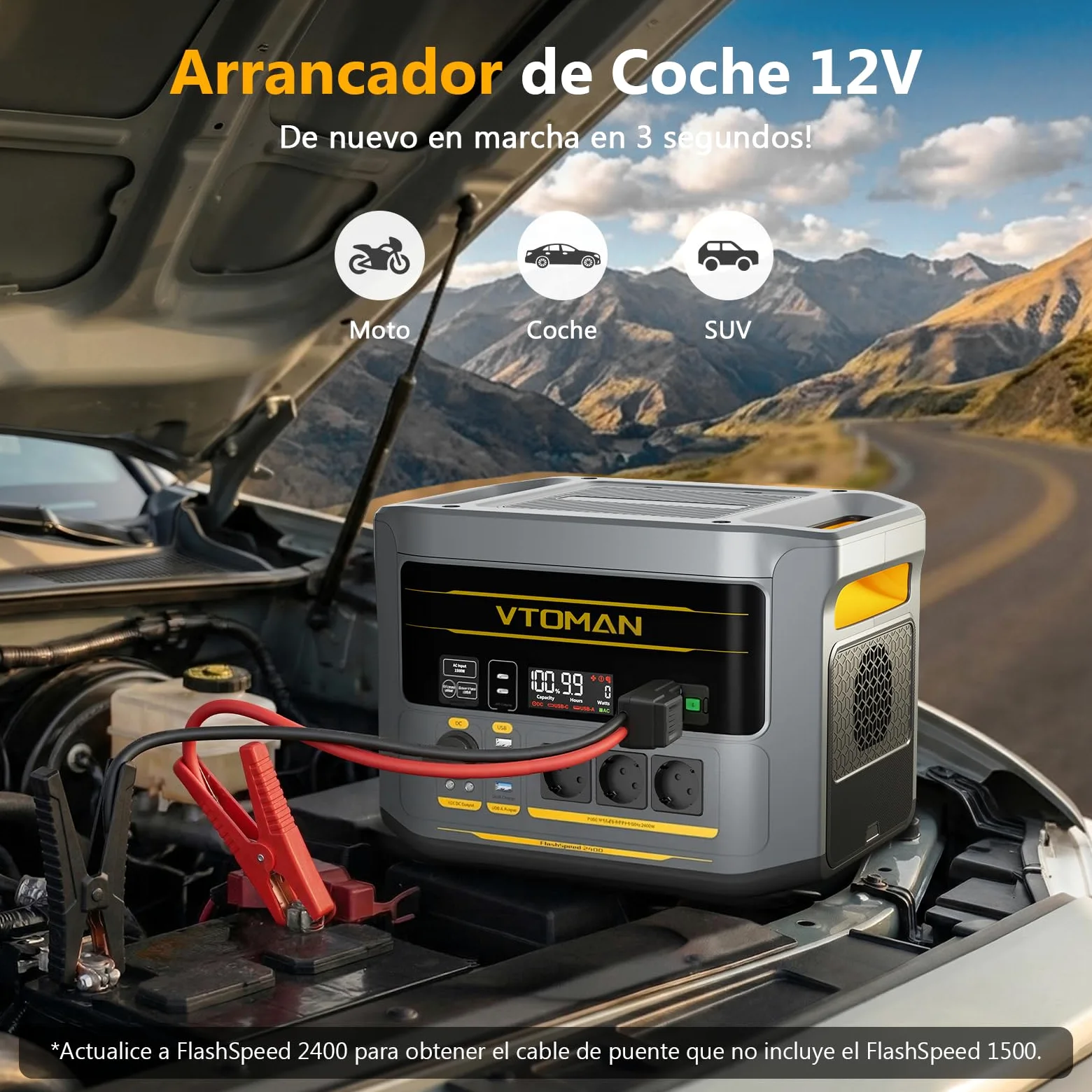 VTOMAN FlashSpeed 2400 Estación de Energía Portátil con 400W Panel Solar | 1408Wh Generador Solar, 3 CA de 2400W, Cable de Arranque, Carga Rápida 0-100% en 1 H, Acampada, RV, Apagones, Embacaraciones
