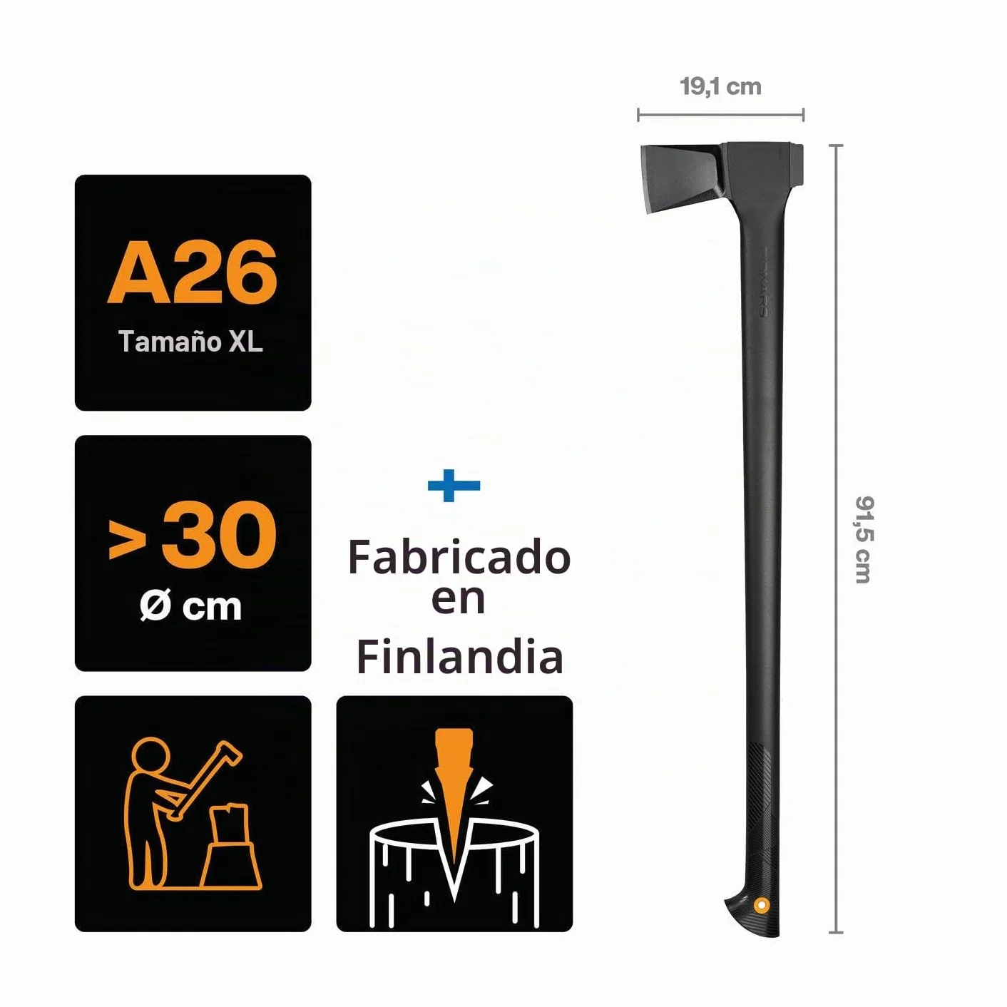 Fiskars Hacha de rajar XL, Solid, Con funda para transporte, Recubrimiento antiadherente, Hoja de acero/Mango de plástico reforzado, Negro/Naranja, A26, Longitud: 92 cm, 2,6 kg, 1052043