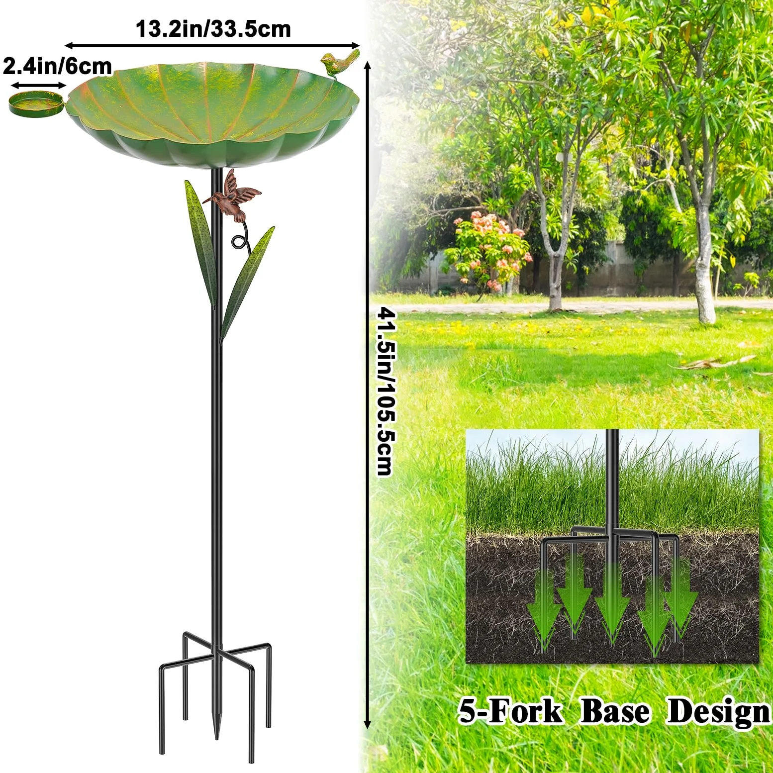 Baño de metal para pájaros para exteriores, base desmontable resistente de 5 puntas con cuenco y pájaros decorativos, comedero de hierro duradero para jardín, patio, decoración de patio (verde