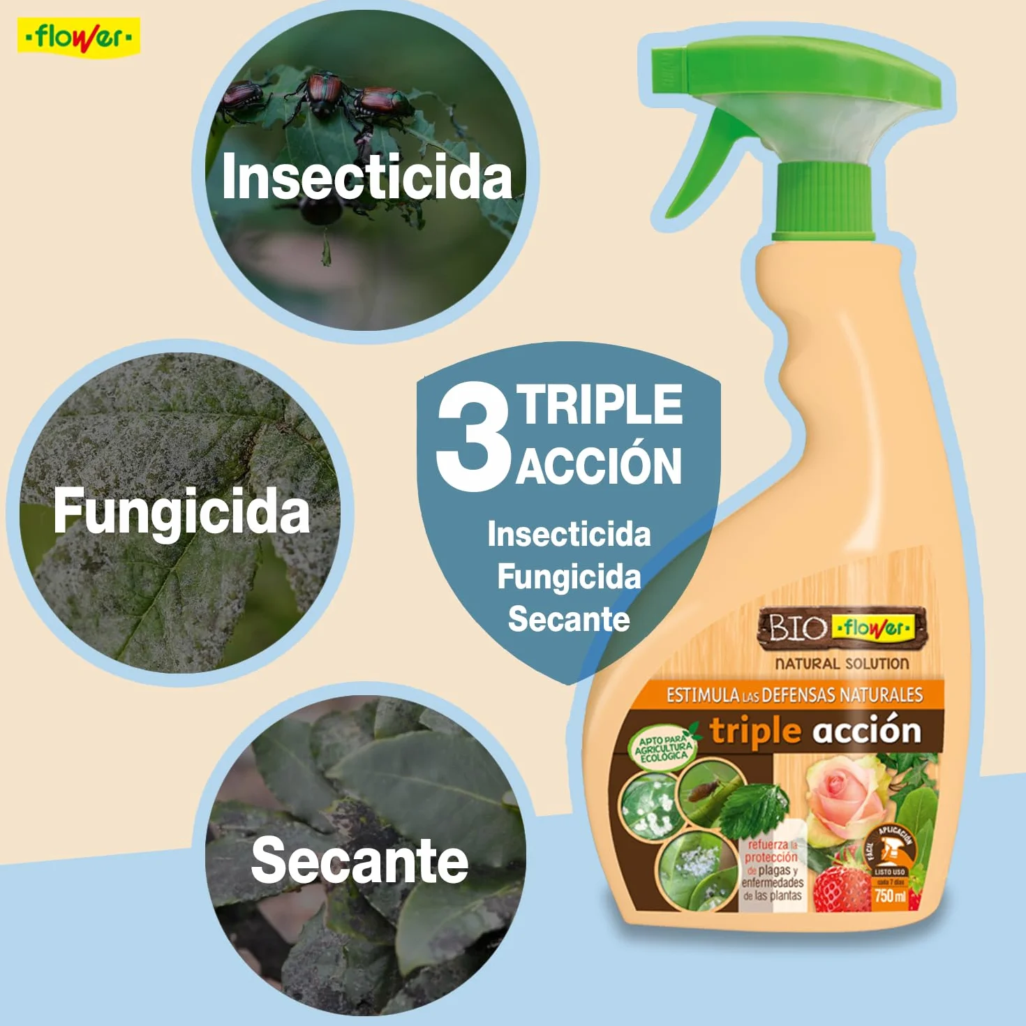 BioFlower - Triple Acción Ecológico 750 ml | Insecticida, Fungicida y Secante | Boro y Extractos Vegetales Biodegradables | Apto Agricultura Ecológica | Listo Para Usar