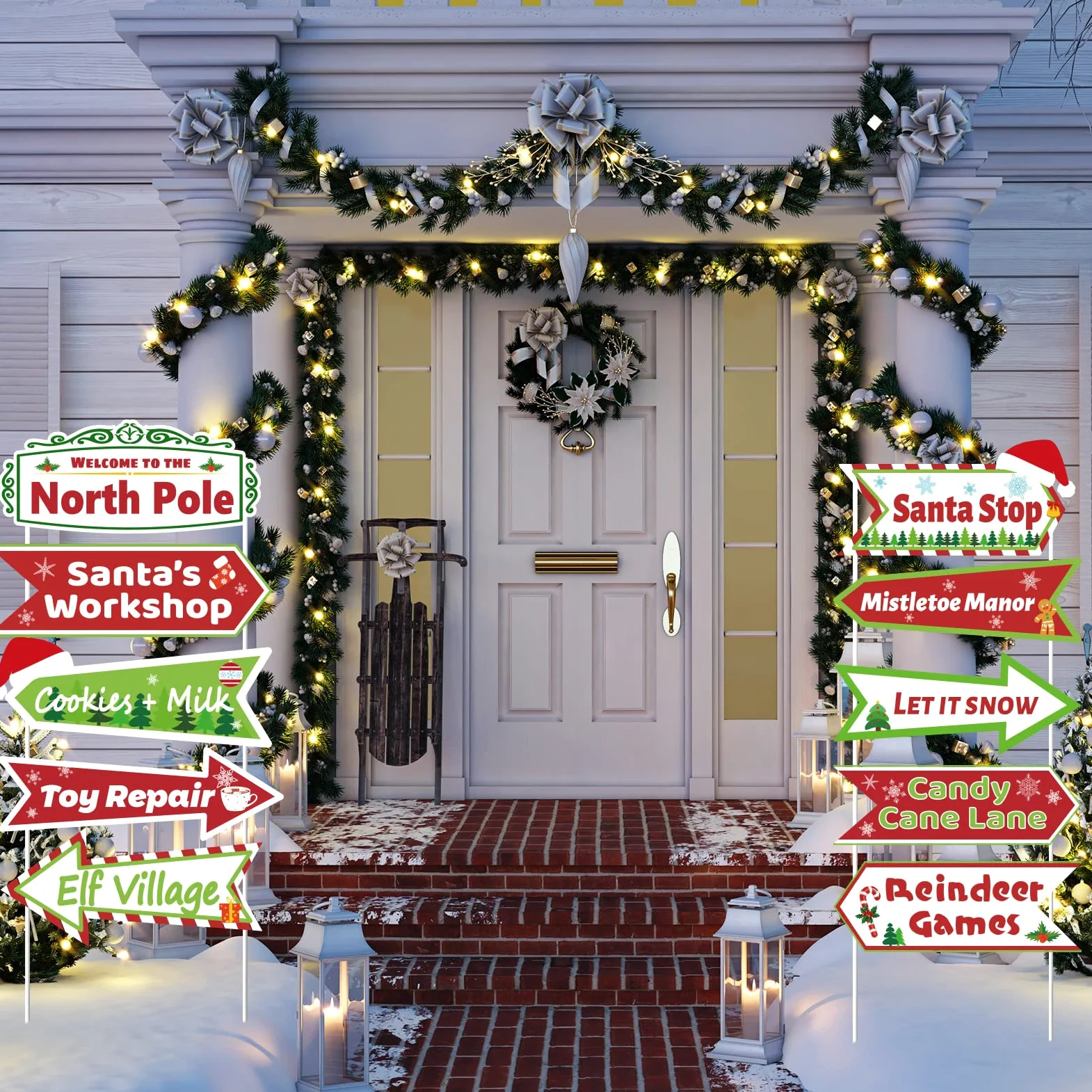 10 letreros de patio del Polo Norte, decoración al aire libre para Navidad, invierno, vacaciones, arte de Papá Noel, taller, patio, césped, letrero y «Let It Snow», con estacas para decoración del