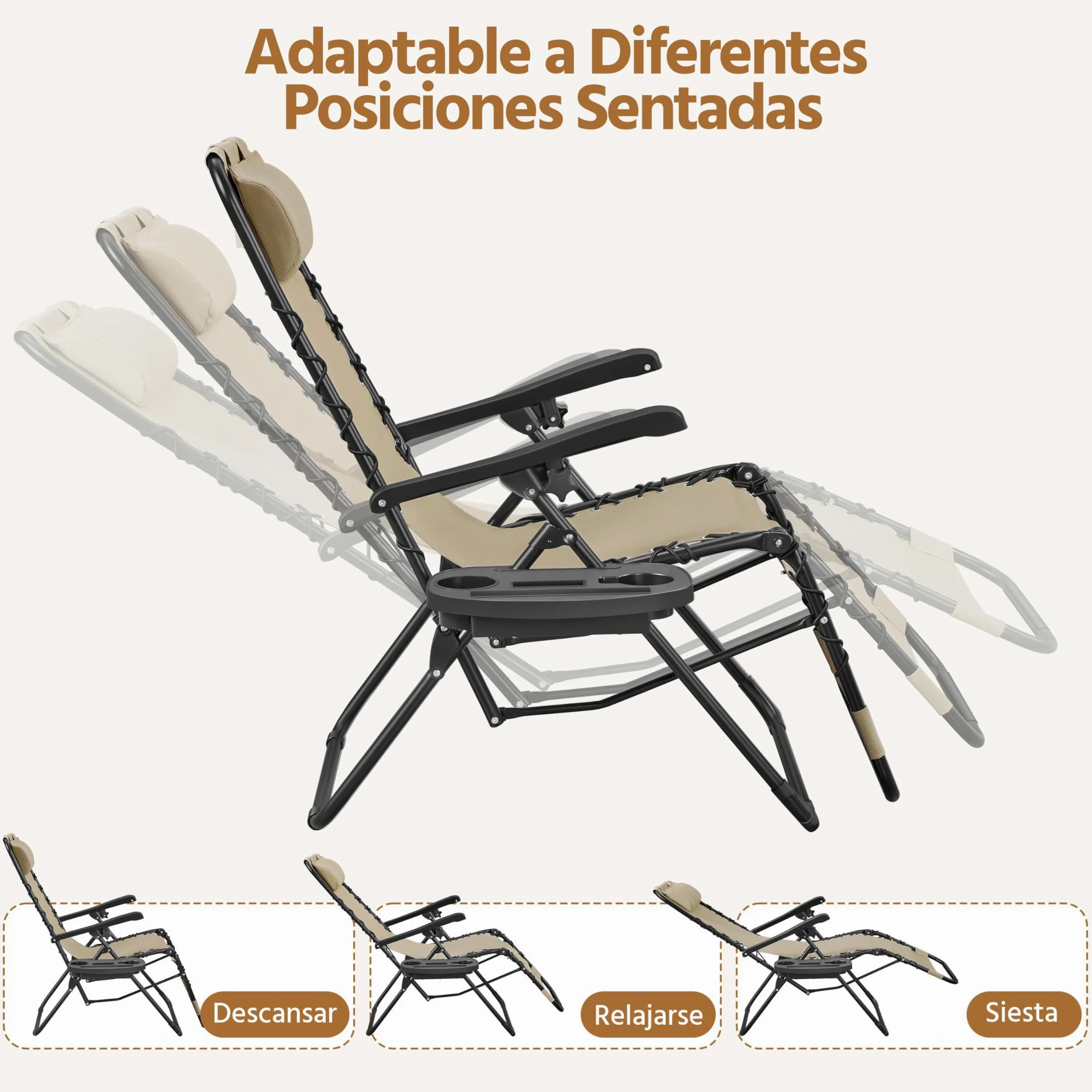 Yaheetech 2 Tumbonas o Sillas de Exterior Plegables y reclinables, con Mesa Auxiliar, Portavasos, Reposacabezas, Tumbonas de Gravedad Cero con Respaldo Ajustable, para Patio, Piscina, Beige