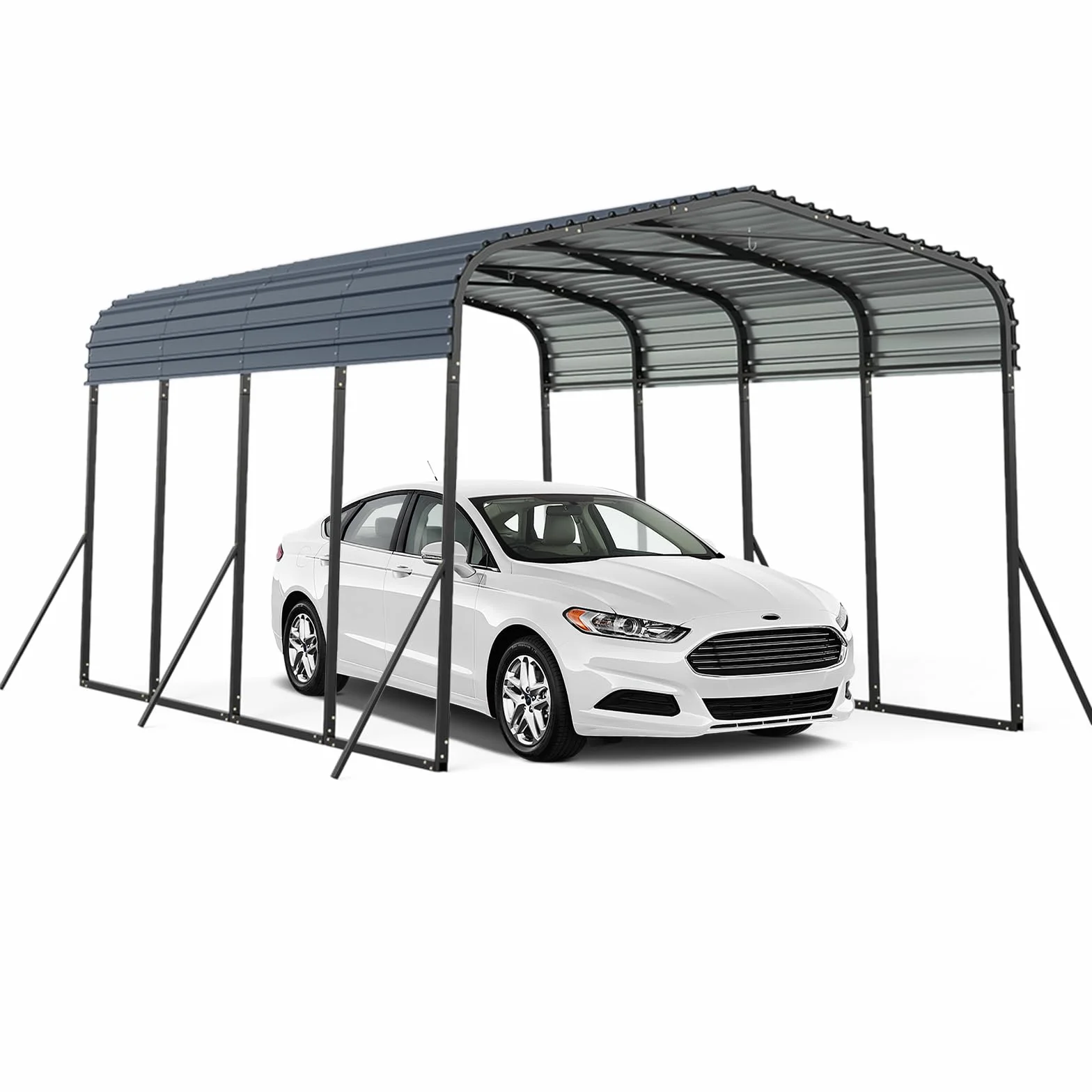 GOPLUS Cobertizo de Coche de Metal, 440 x 300 x 250 cm, Refugio de Vehículo con Techo Duro, 4 Patas Inclinadas y Anclajes de Fijación para Exteriores, Carpa Al Aire lIbre para Camiones, Tractores, Suv