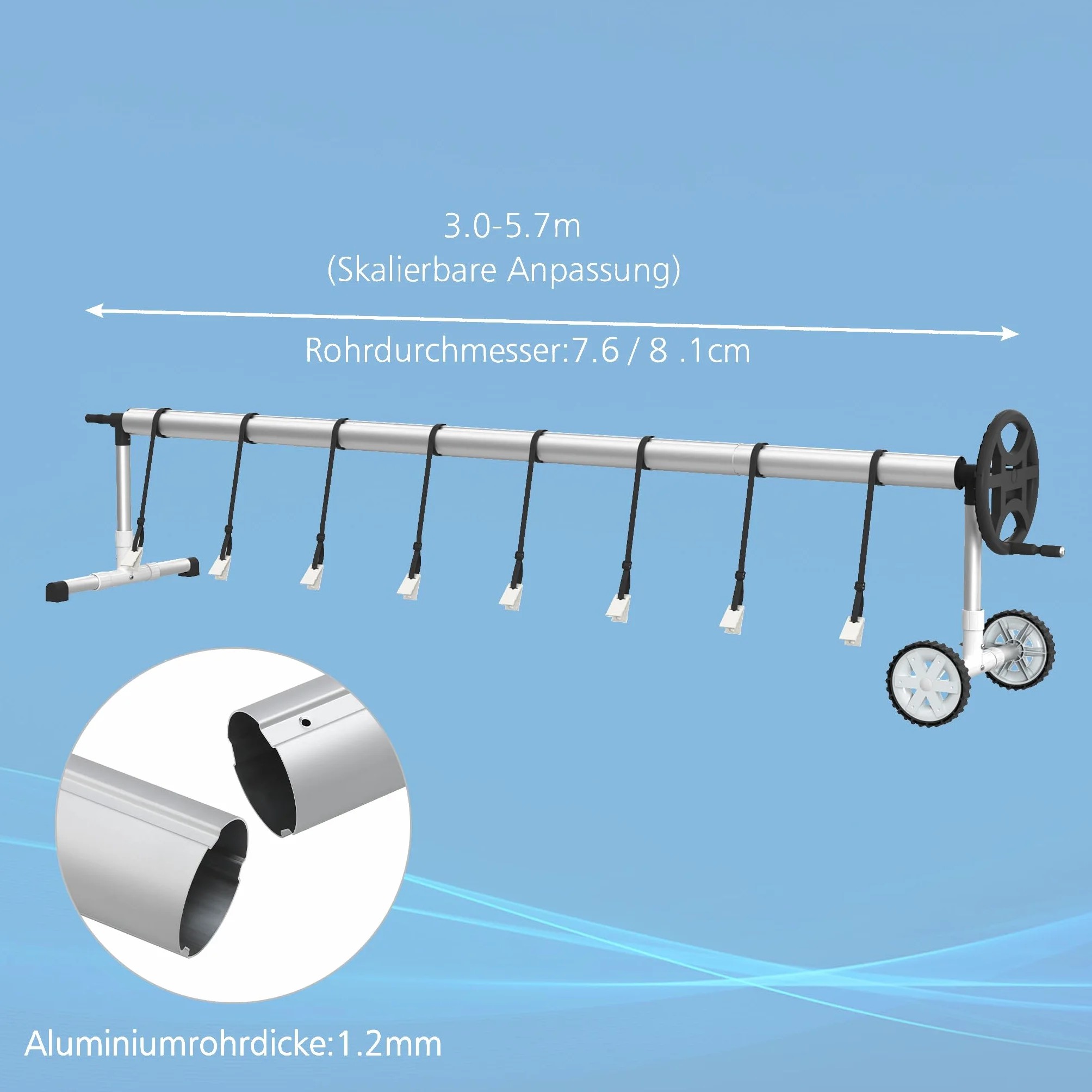 XMTECH Sistema de enrollado para piscina, enrollador de piscina, tubo telescópico de aluminio, sistema de enrollado para lona de piscina, cubierta solar, resistente a la intemperie (con ruedas-2)