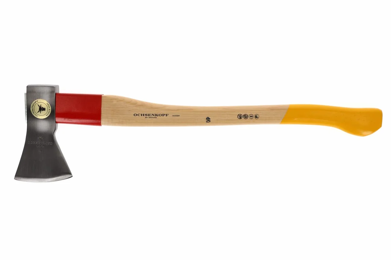 OCHSENKOPF Hacha forestal universal Gold ROTBAND-PLUS, Empuñadura de madera de pacana, Hoja pulida de 120 mm, Longitud 700 mm, OX 620 H-1257 | Forma renana con soporte Rotband-Plus, mango duradero de madera de nogal
